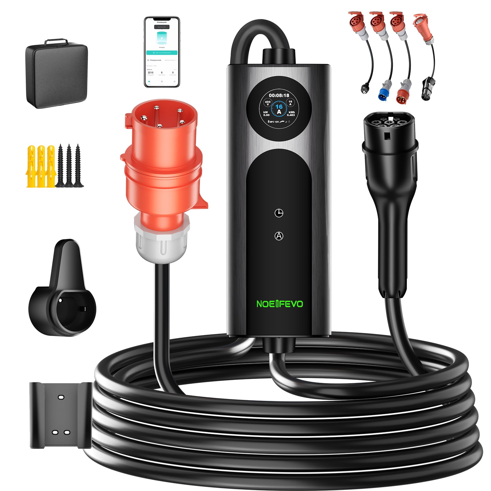 NOEIFEVO 2026 Pro Mobile Wallbox 11kw mit app, e auto CEE 16A auf Typ 2 Ladekabel, 3-phasig EV Ladegerät für Allen EVs(IEC 62196-2) & PHEVS