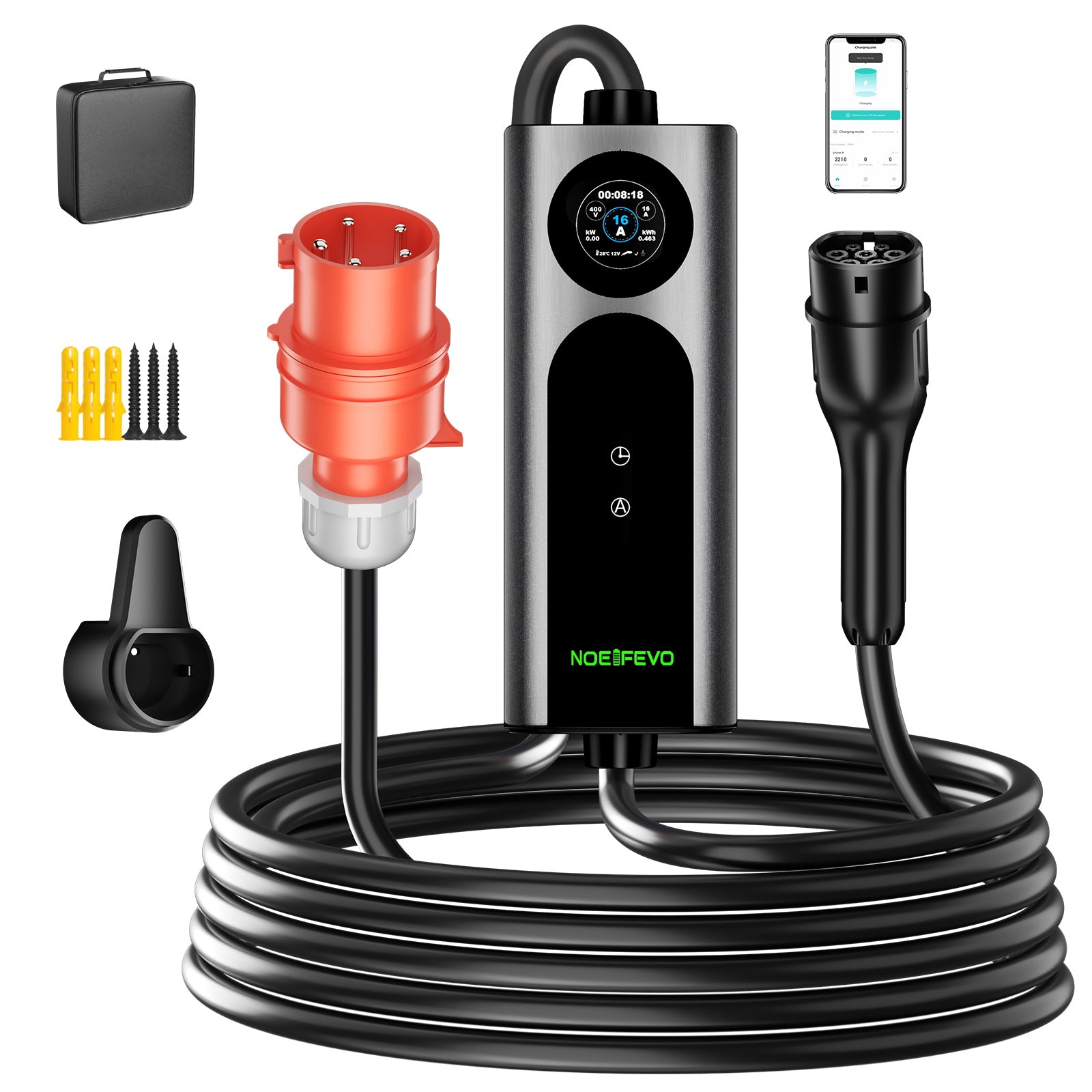 Noeifevo Wallbox EV Móvil Tipo 2, Cargador EV de 11KW 3-fases CEE16A con Potencia de Carga Ajustable, Cable de Carga EV de 5m/10m/15m para Model Y/3, ID.3/4/5, MG4, EX30, e-up, e-tron, Zoe y otros EV.

