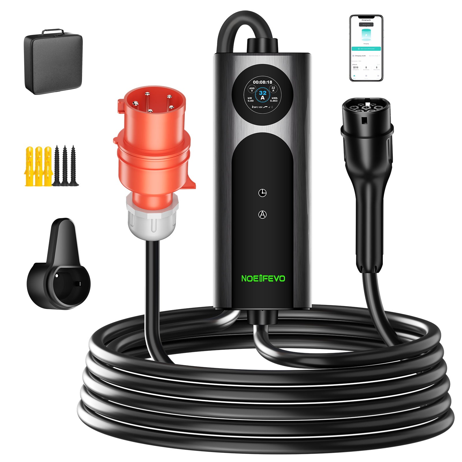 22KW 32A 3-faset type 2 højstrøm hurtigopladningskabel Mobil EV Wallbox, 5 meter kabel