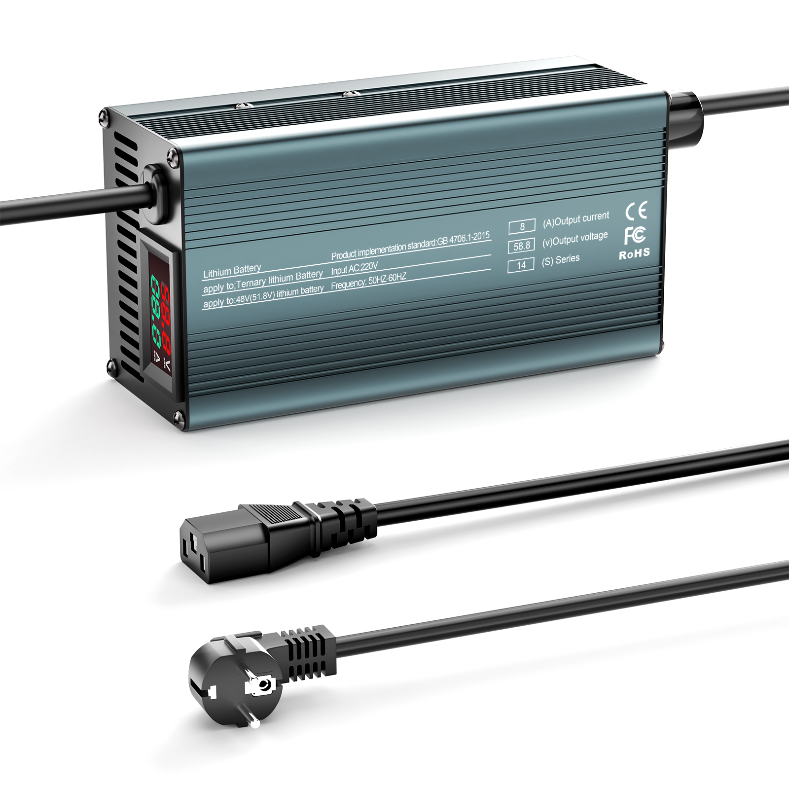 NOEIFEVO 58.8V 8A 14S Lithium-Batterieladegerät für 14S  51.8V Li-Ionen-Batterien, Strom Einstellung 1-8A, langsames Laden und schnelles Laden (MLC1300)