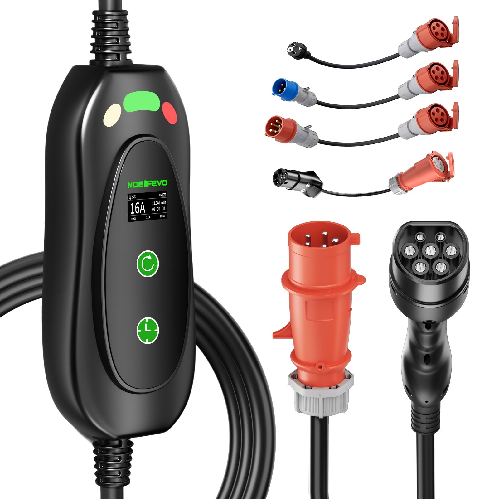 NOEIFEVO Typ2 Mobile Wallbox/Ladestation 11 kW 3-Phasen, 6-16 A Einstellbarer Ladestrom, 1-10 Stunden Verzögerungs-Ladung, CEE 16A auf Typ2 Tragbarer EV-Ladegerät , Für alle Typ2 EV & PHEV