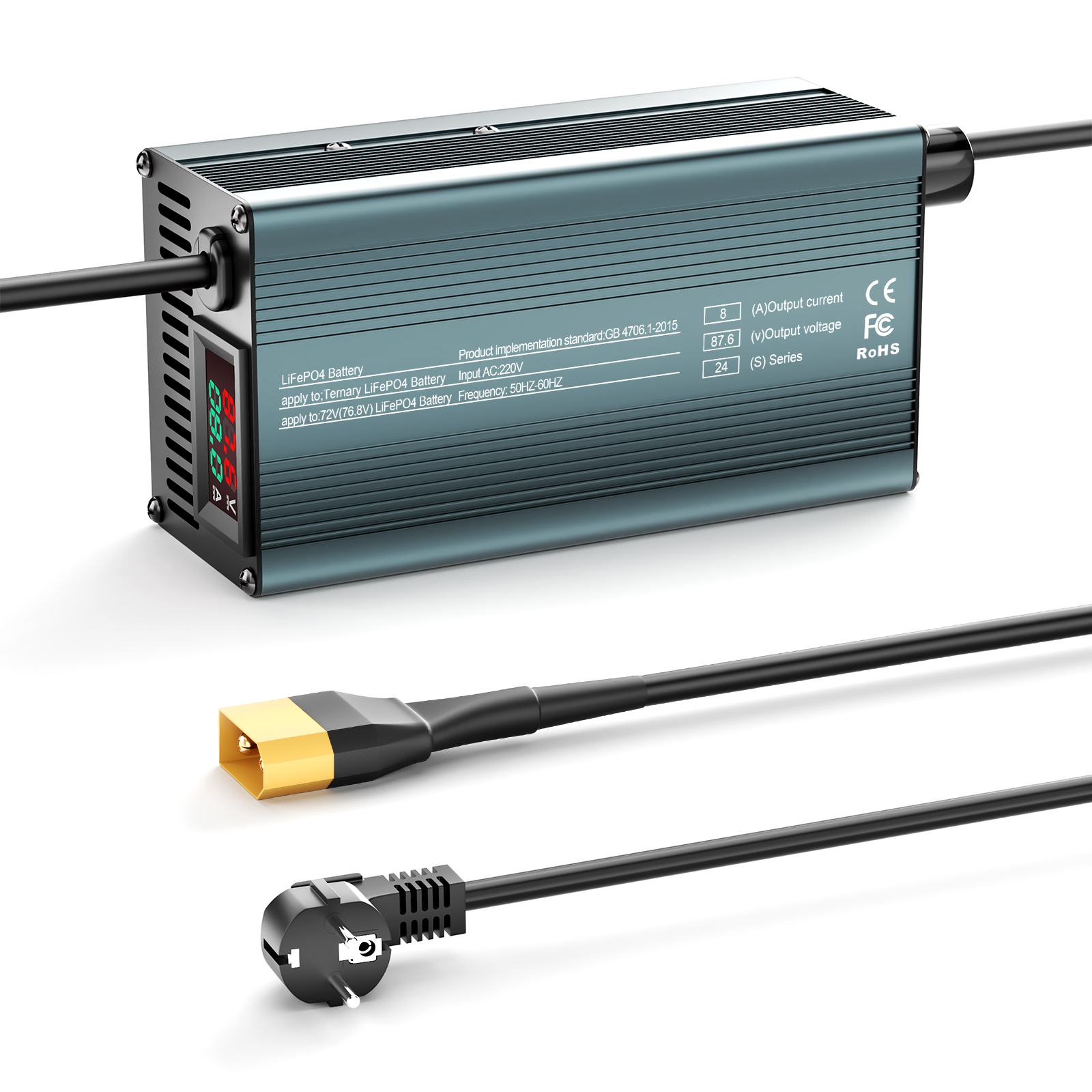 NOEIFEVO 87.6V 8A Lithium-LiFePO4-batterilader til 76.8V 24S LiFePO4-batteri, LCD-display, justerbar strøm, oplader til golfbiler, trollingmotorer, både og campingvogne