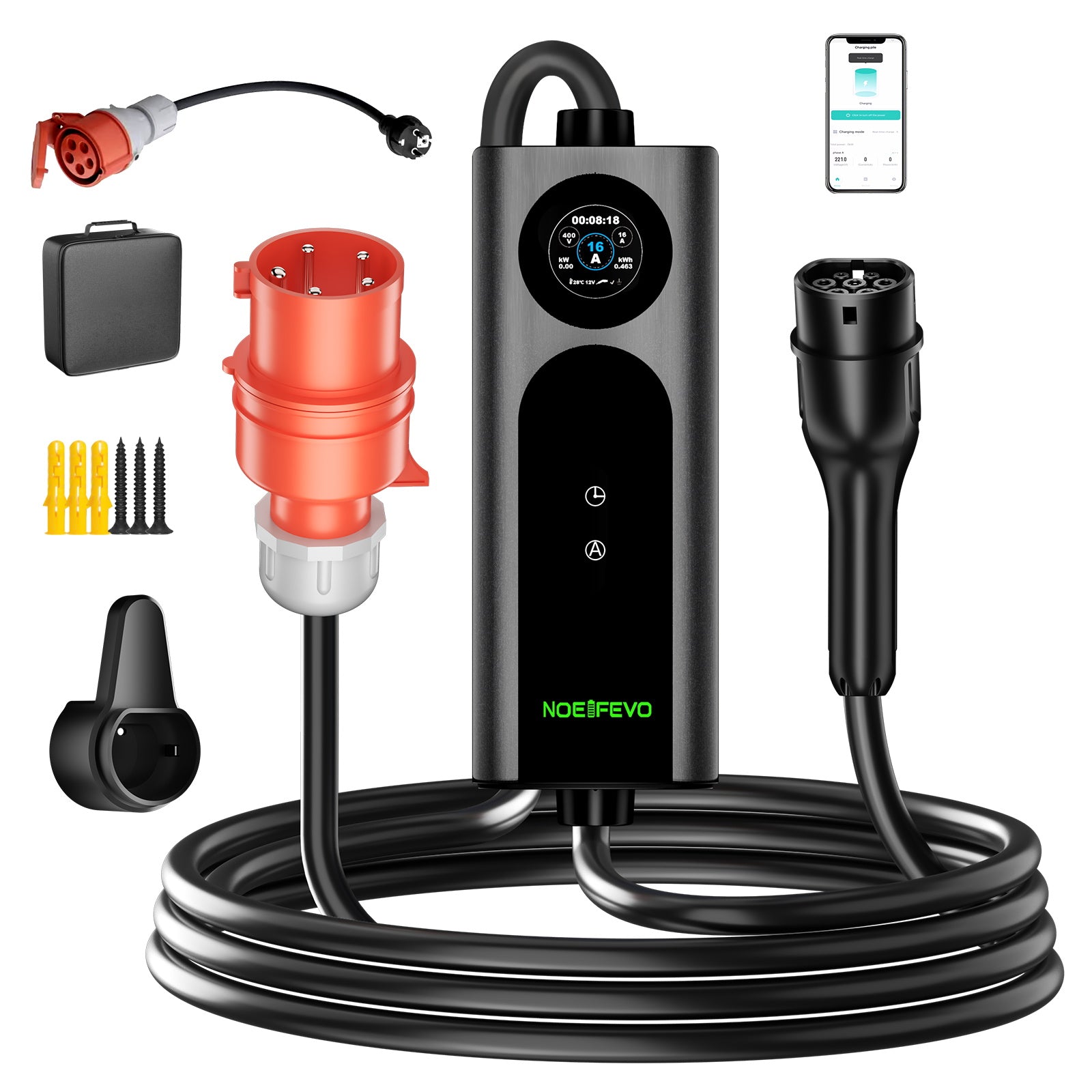 NOEIFEVO 2026 Pro mobil wallbox 11 kW med app, elbil CEE 16A til Type 2 ladekabel, 3-faset EV-lader til alle EV'er (IEC 62196-2) & PHEV'er