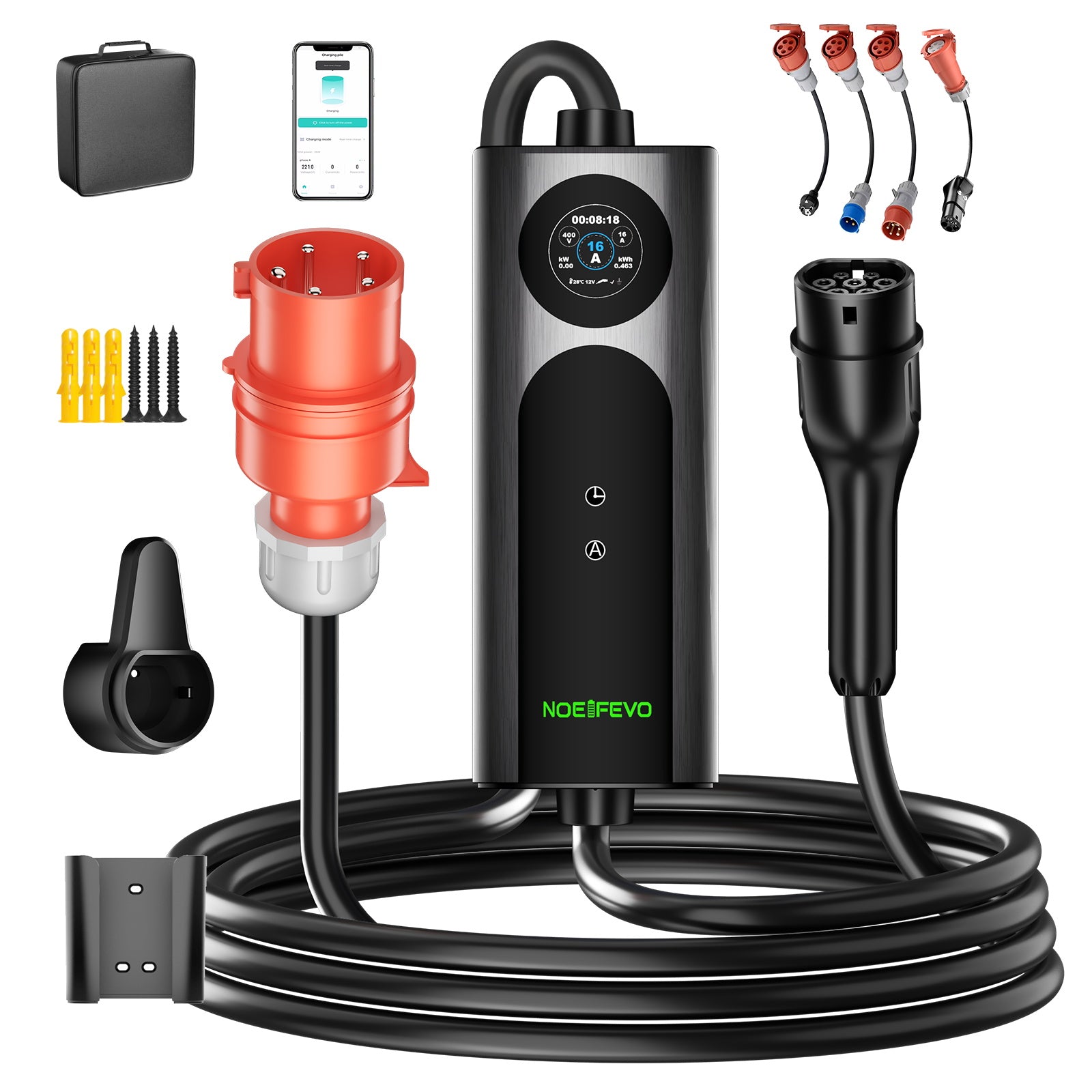 NOEIFEVO 2026 Pro Mobile Wallbox 11kw mit app, e auto CEE 16A auf Typ 2 Ladekabel, 3-phasig EV Ladegerät für Allen EVs(IEC 62196-2) & PHEVS