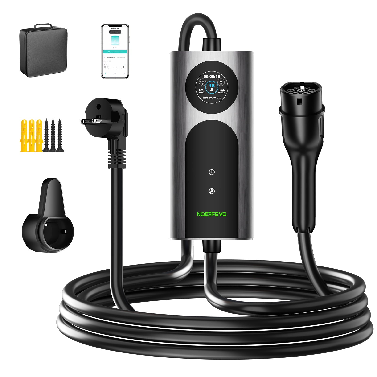 NOEIFEVO CY01 Typ 2 nabíjecí kabel Schuko 220V, 3,7kW mobilní Wallbox s APP, 6-16A 1fázový nabíjecí kabel pro všechny EV (IEC 62196-2) & PHEV
