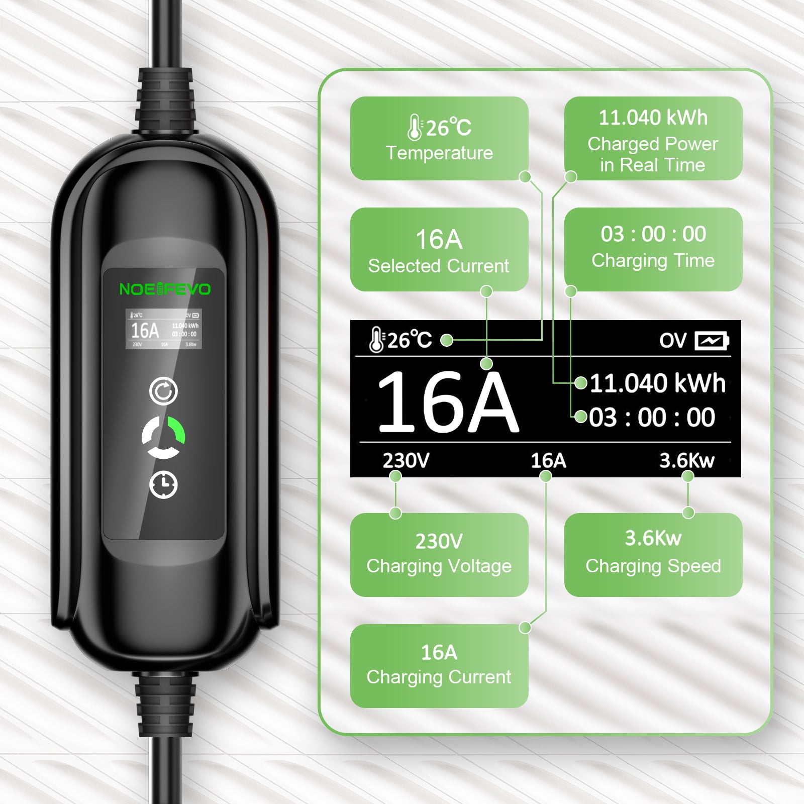 Noeifevo Portable Type 2/Type 1 3,6KW 16A EV-oplader, 5m/10m/15m Mobil EV-opladerkabel med Schuko 