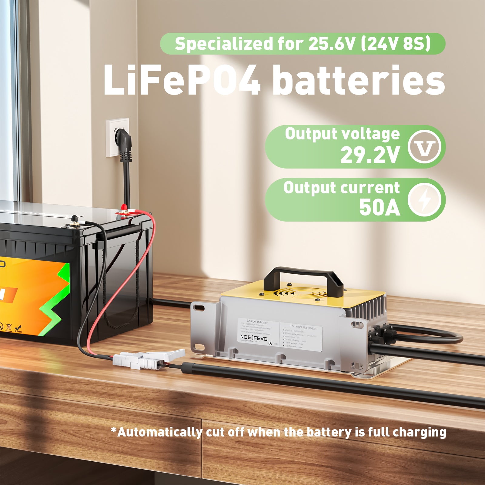 NOEIFEVO 29.2V 50A LiFePO4 מטען סוללה עבור 24V 25.6V LiFePO4 סוללה, עמיד למים, 0V BMS להפעיל