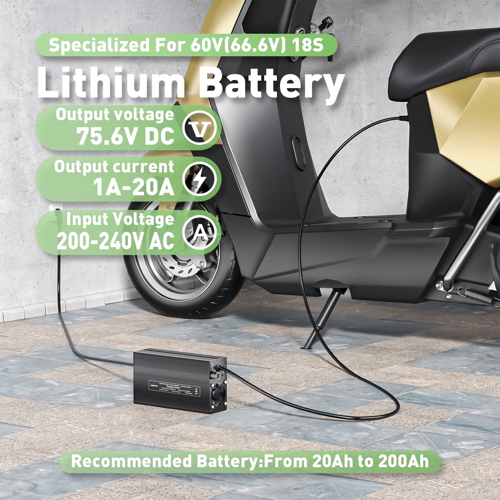 NOEIFEVO 75.6V 20A Lithium-baterie nabíječka pro 66.6V 18S Lithium-Li-Ion-Lipo baterii, LCD displej, nastavitelný výkon, nabíječka pro E-bike, skútr, elektrické motocykly