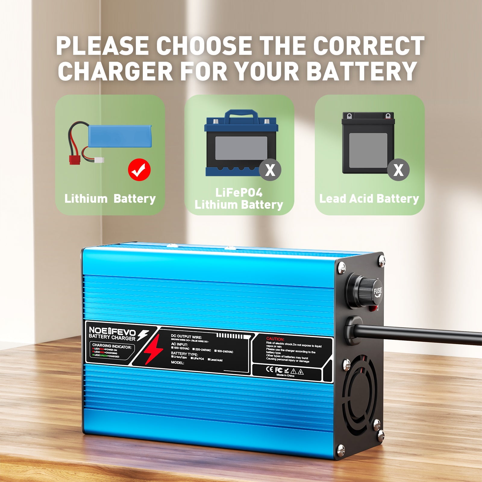 NOEIFEVO 14,6V 15A LiFePO4 Batterieladegerät für 12V 12,8V 4S LiFePO4-Batterie, automatische Abschaltung, Aluminiumgehäuse, mit Lüfter