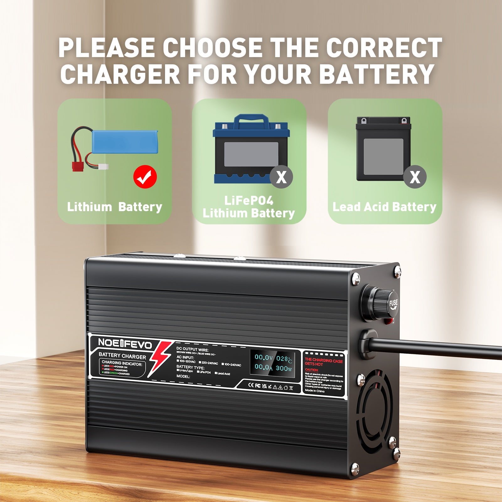 NOEIFEVO 29.4V 5A Lithium-oplader til 7S 25.9V Li-Ion Lipo-batterier, kølevifte, automatisk slukning (SORT)