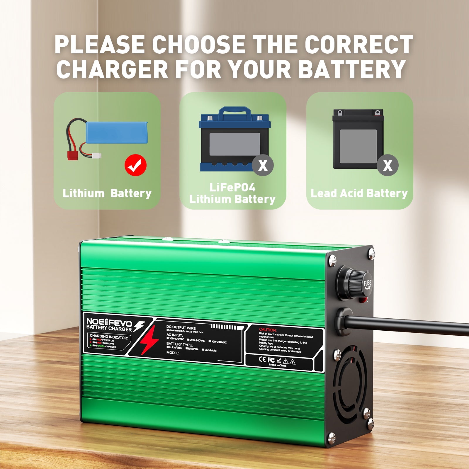 NOEIFEVO 46.2V 2A 3A 3.5A 4A Lithium-Ladegerät für 11S 40.7V Li-Ion Lipo-Batterien, Kühlventilator, automatischer Abschaltung (GREEN)