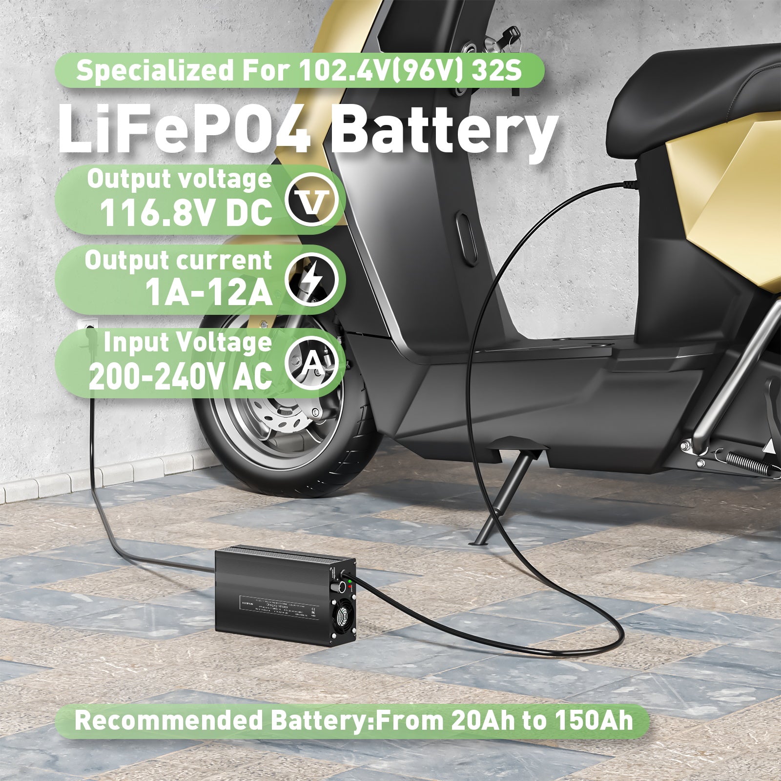 NOEIFEVO 116.8V  1A-12A LiFePO4-Batterieladegerät, geeignet für 102.4V（96V）32S LiFePO4-Batterie, LCD-Display, einstellbarer Strom