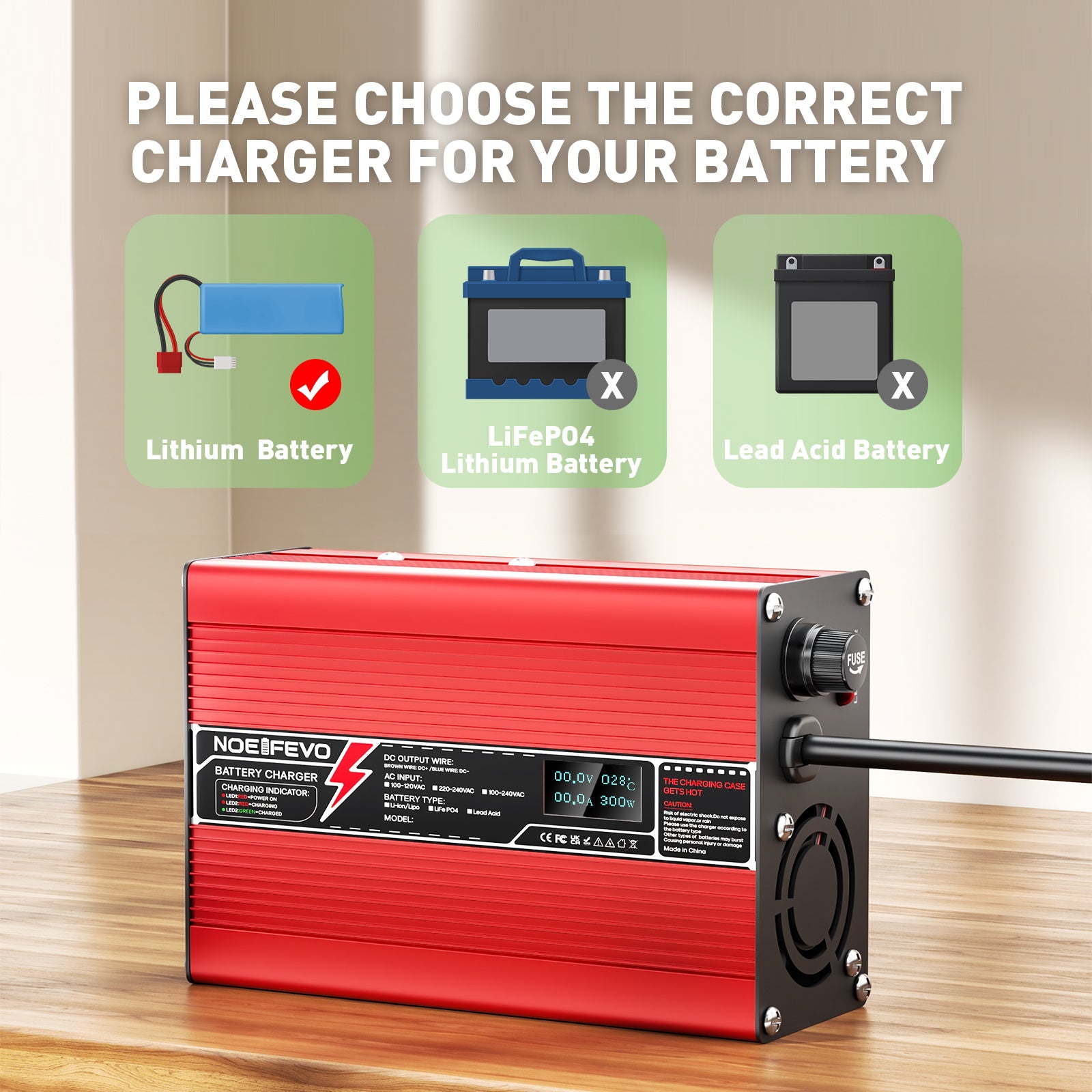 NOEIFEVO 54.6V 3A Lithium-Ladegerät til 13S 48.1V Li-Ion Lipo-batterier, med LCD-skærm, køleventilator, automatisk slukning (RØD)