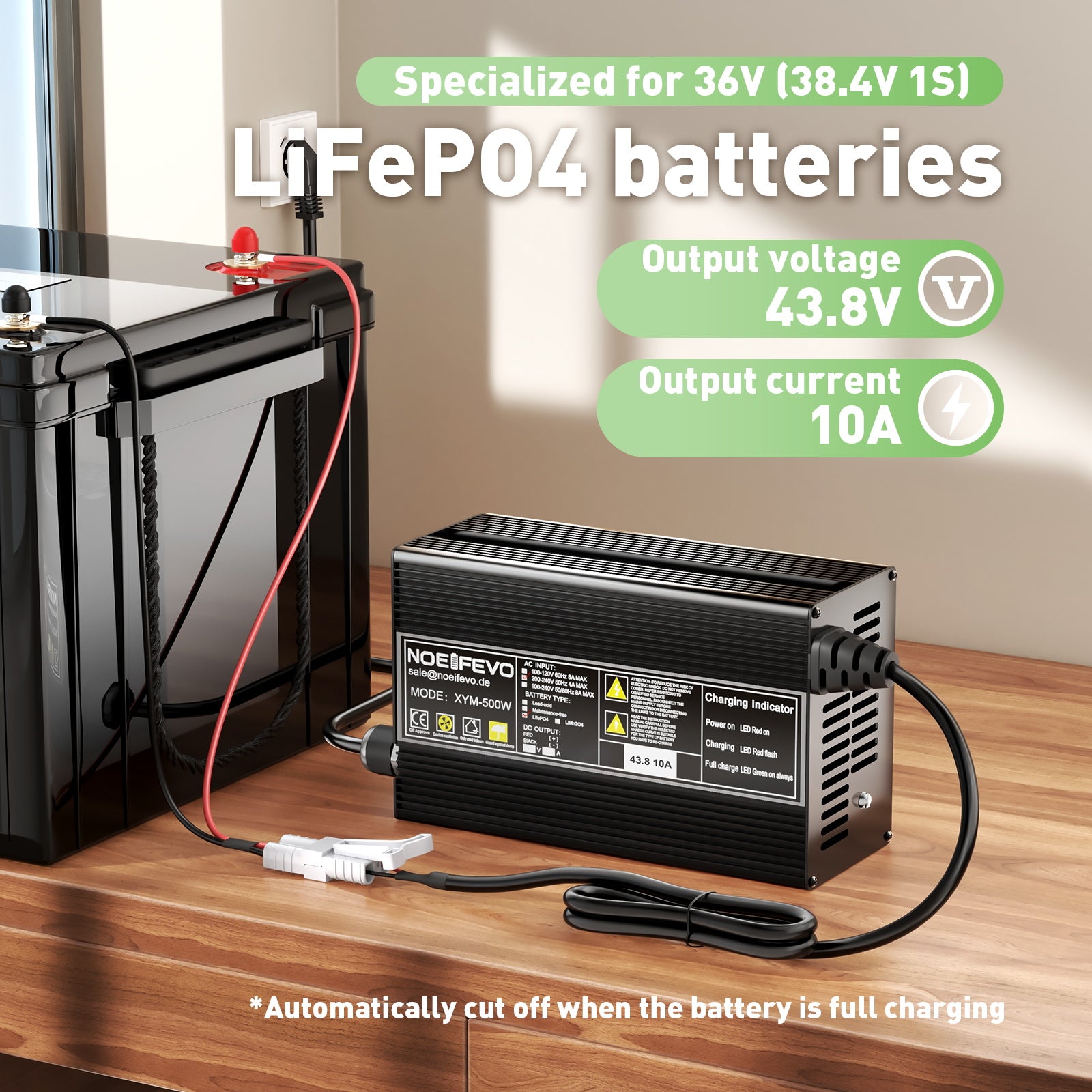 Noeifevo 43.8V 10A LiFePO4 Akku Ladegerät für 36V 38.4V 12S LiFePO4 Batterie