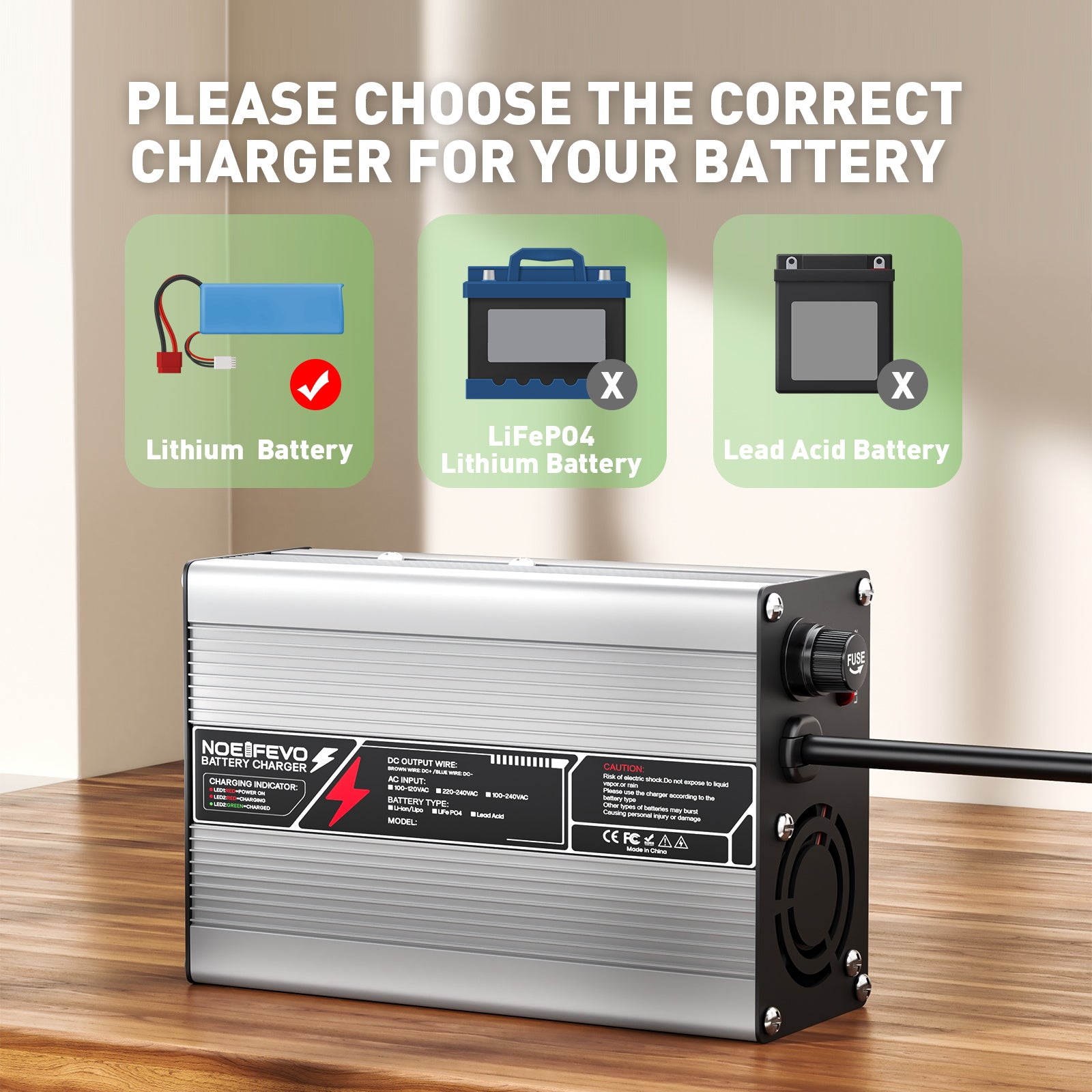 NOEIFEVO 46.2V 2A 3A 3.5A 4A Lithium-Ladegerät for 11S 40.7V Li-Ion Lipo-batterier, med kølefaner og automatisk slukning.