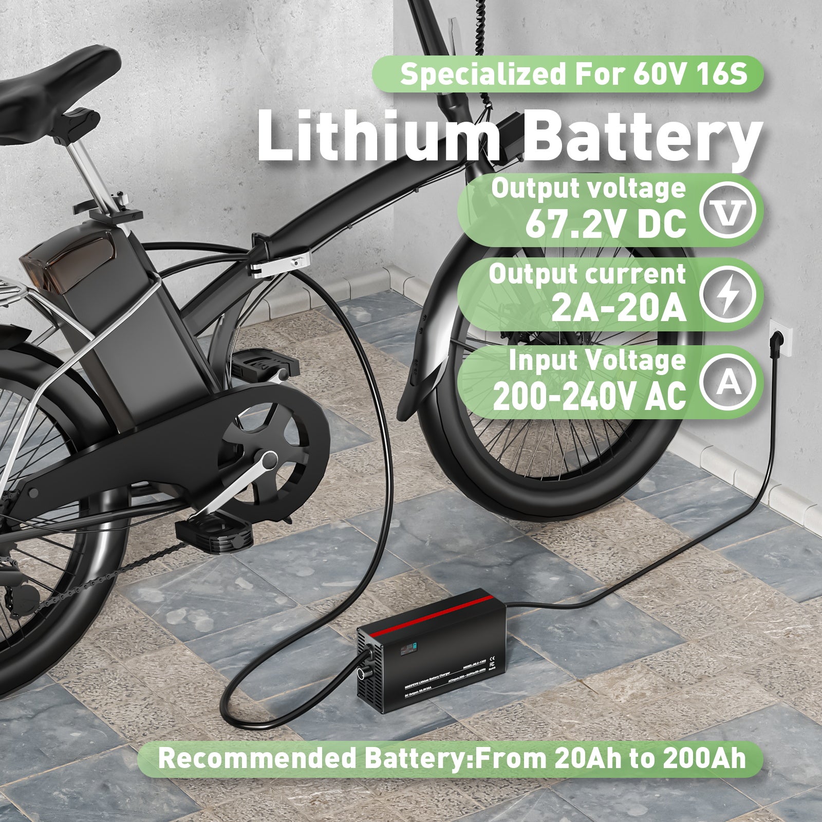 NOEIFEVO 67,2V 2-20A Lithium-Batterijlader voor 59.2V 60V 16S Lithium-Li-Ion-Lipo-batterij, LCD-display, instelbare stroom, lader voor E-bike, scooter, elektromotorfiets