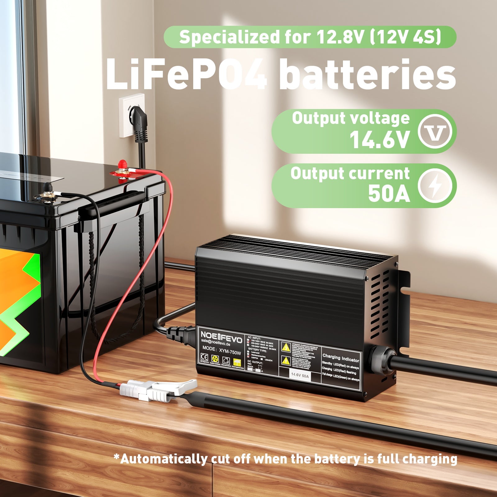 Noeifevo 14,6V 50A rýchla lítiová nabíjačka LiFePO4 batérie pre 12V (12,8V) LiFePO4 batériu, 0V BMS aktivácia, automatické vypnutie s plnou ochranou