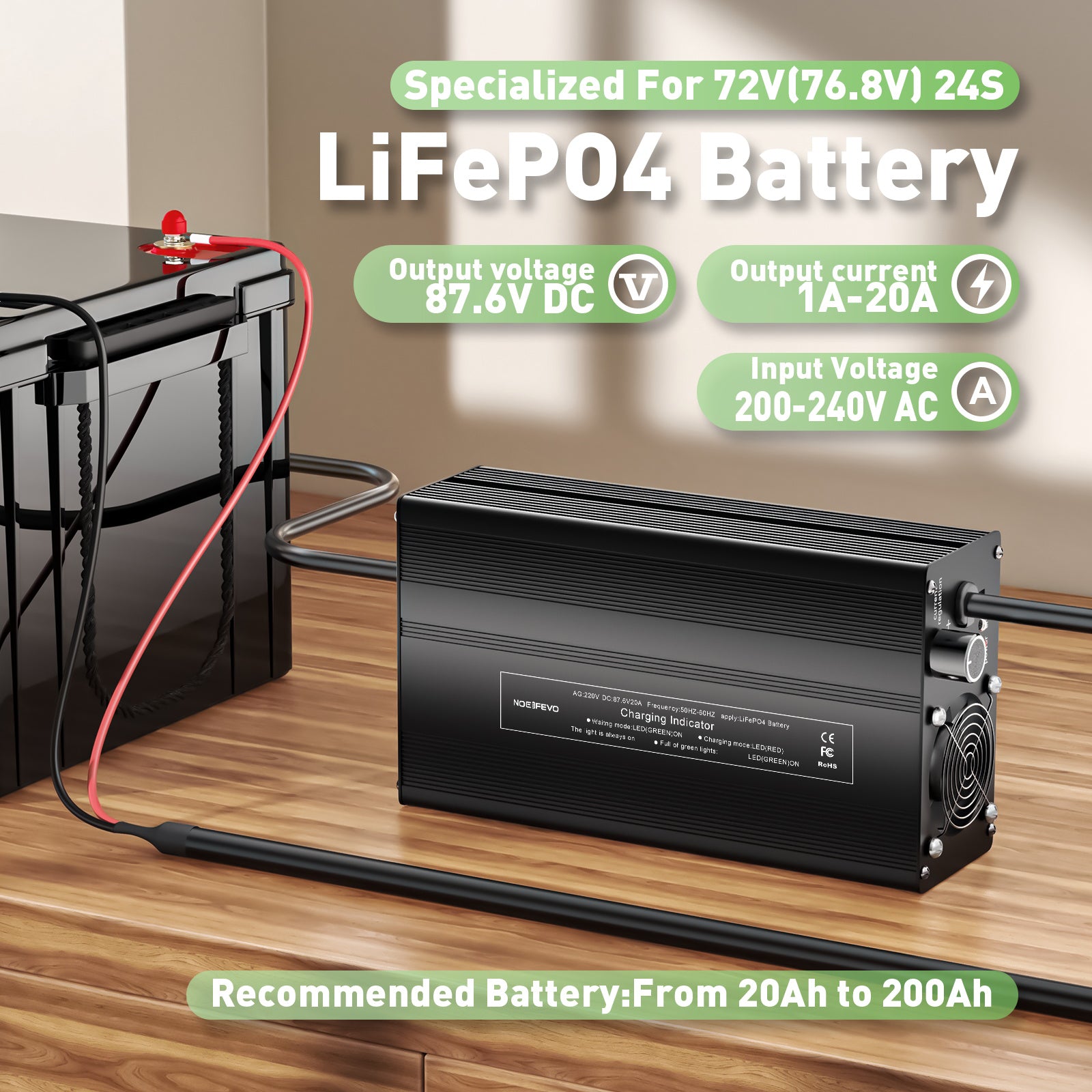 El cargador de batería de litio LiFePO4 NOEIFEVO 87.6V 20A para una batería LiFePO4 de 76.8V 24S, con pantalla LCD y corriente ajustable, es un cargador adecuado para motores de arrastre, barcos y autocaravanas.