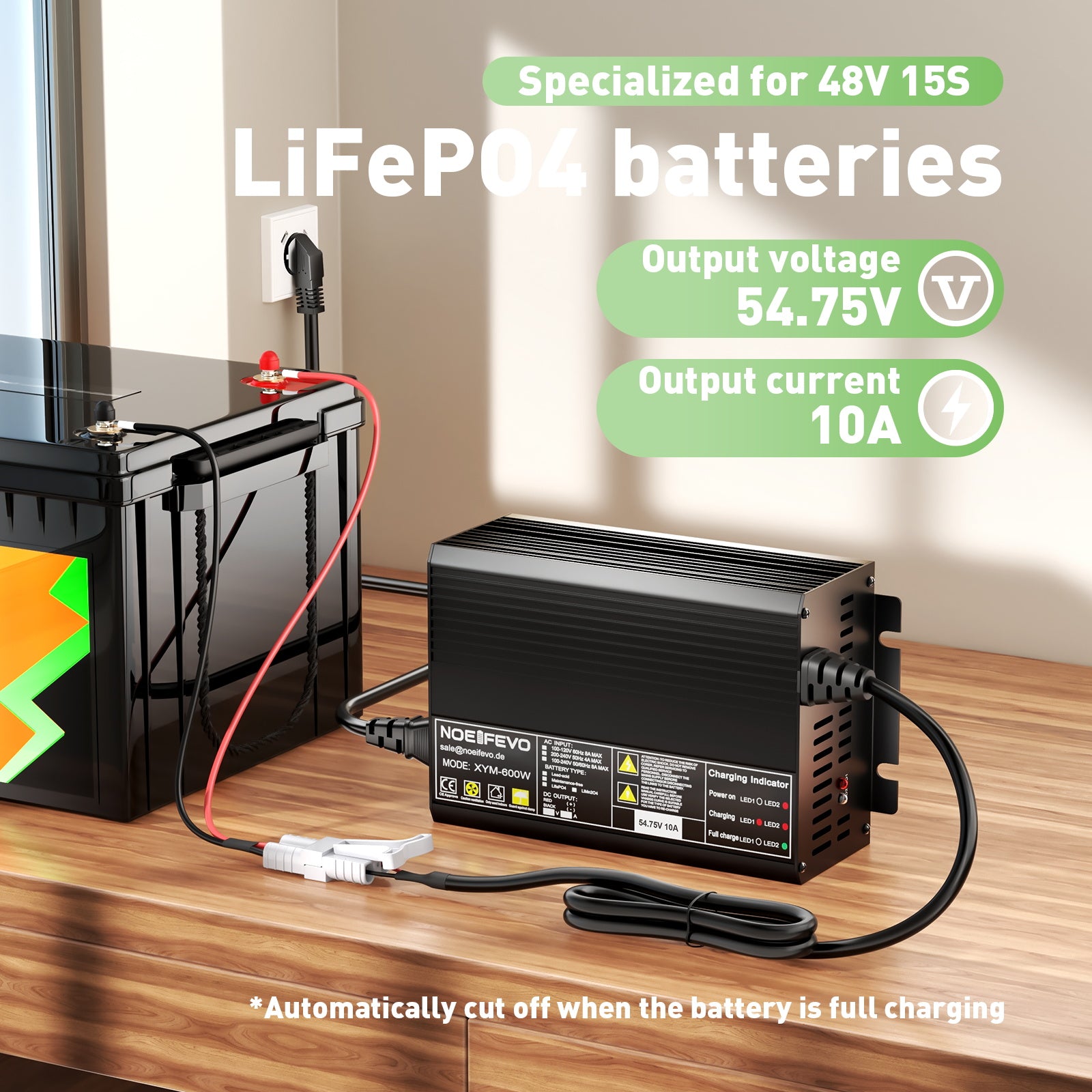 מטען סוללות NOEIFEVO 54.75V 10A LiFePO4 לסוללת LiFePO4 48V 15S