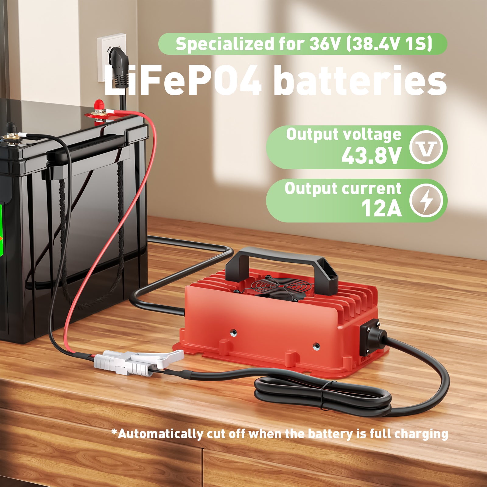 NOEIFEVO 43.8V 12A vandtæt LiFePO4 batterioplader til 36V(38.4V) 12S LiFePO4 batteri