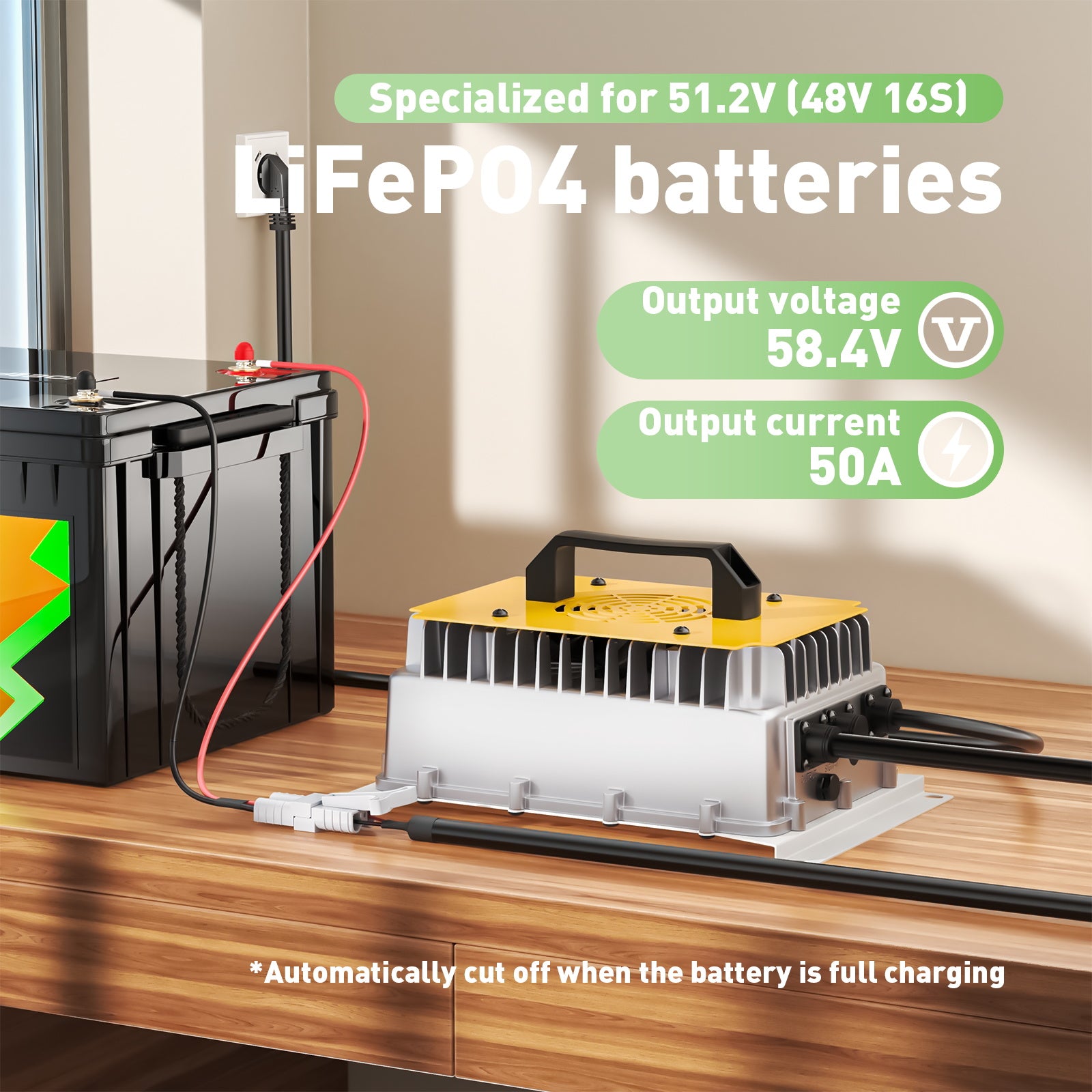 NOEIFEVO 58,4V 50A LiFePO4 nabíječka baterií pro 51,2V (48V) 16S LiFePO4 baterii, vodotěsná, 0V BMS aktivováno