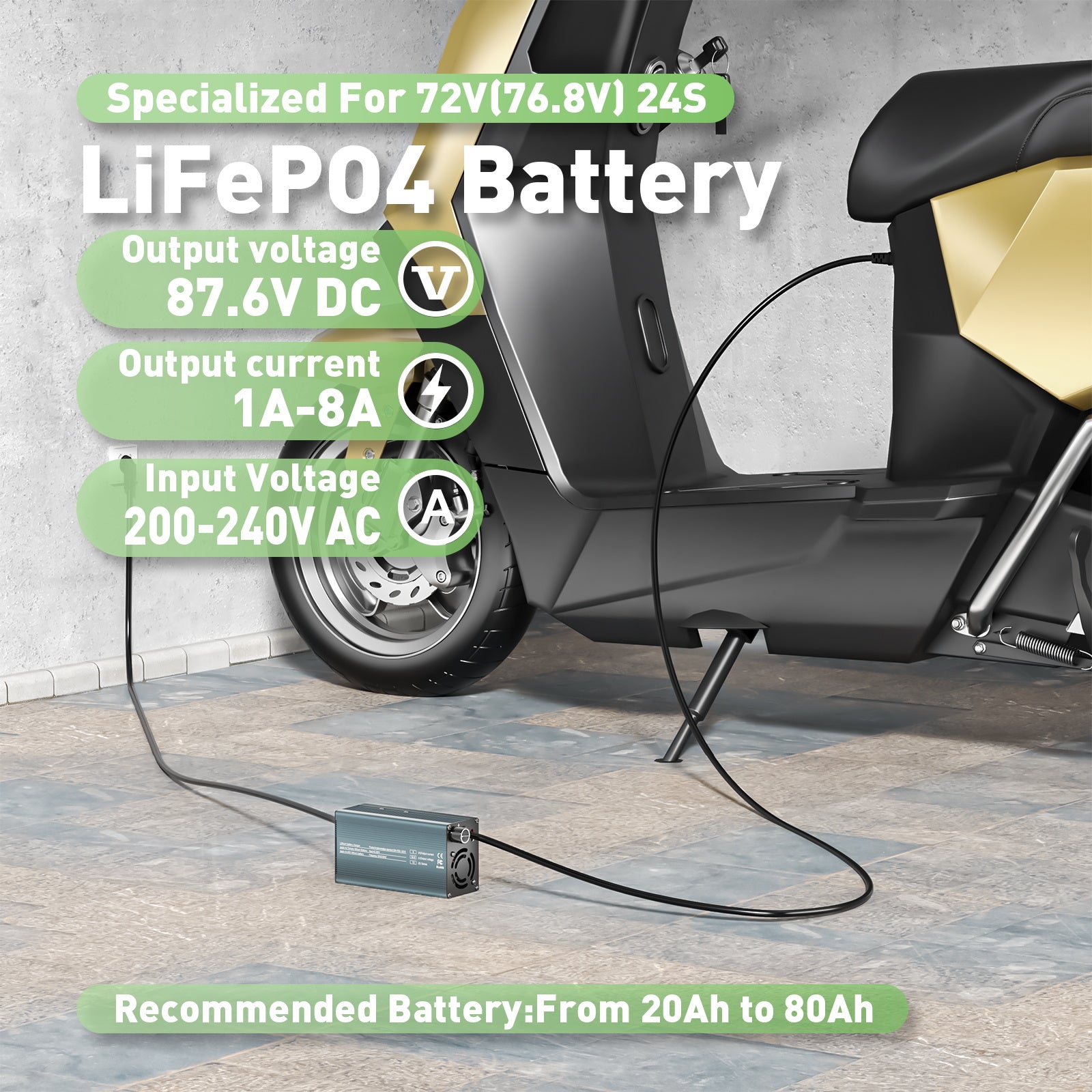 NOEIFEVO 87.6V 8A Lithium-LiFePO4-batterilader til 76.8V 24S LiFePO4-batteri, LCD-display, justerbar strøm, oplader til golfbiler, trollingmotorer, både og campingvogne