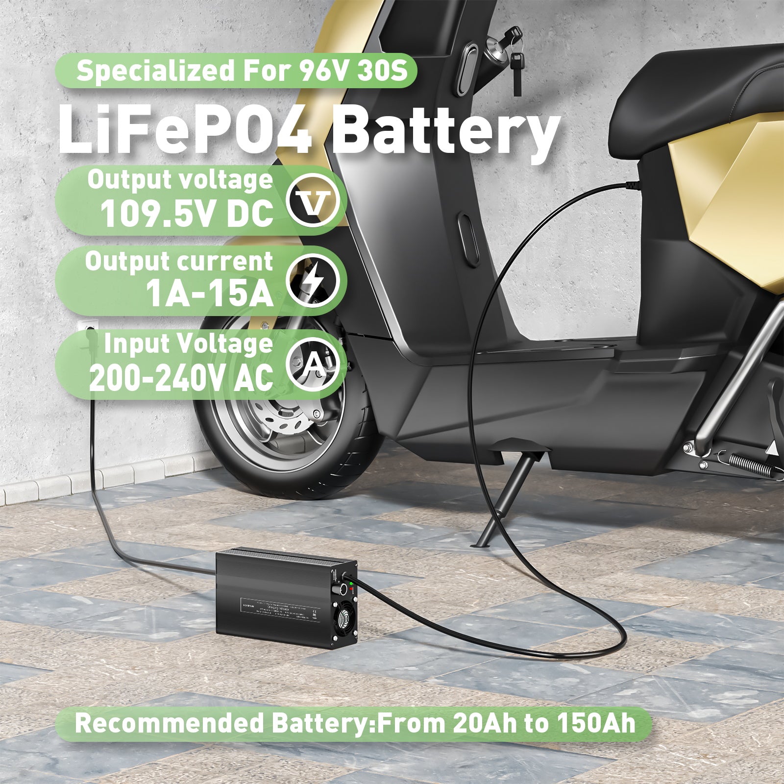 מטען סוללות LiFePO4 NOEIFEVO 109.5V 1A-15A, מתאים לסוללת LiFePO4 96V 30S, תצוגת LCD, זרם מתכוונן.