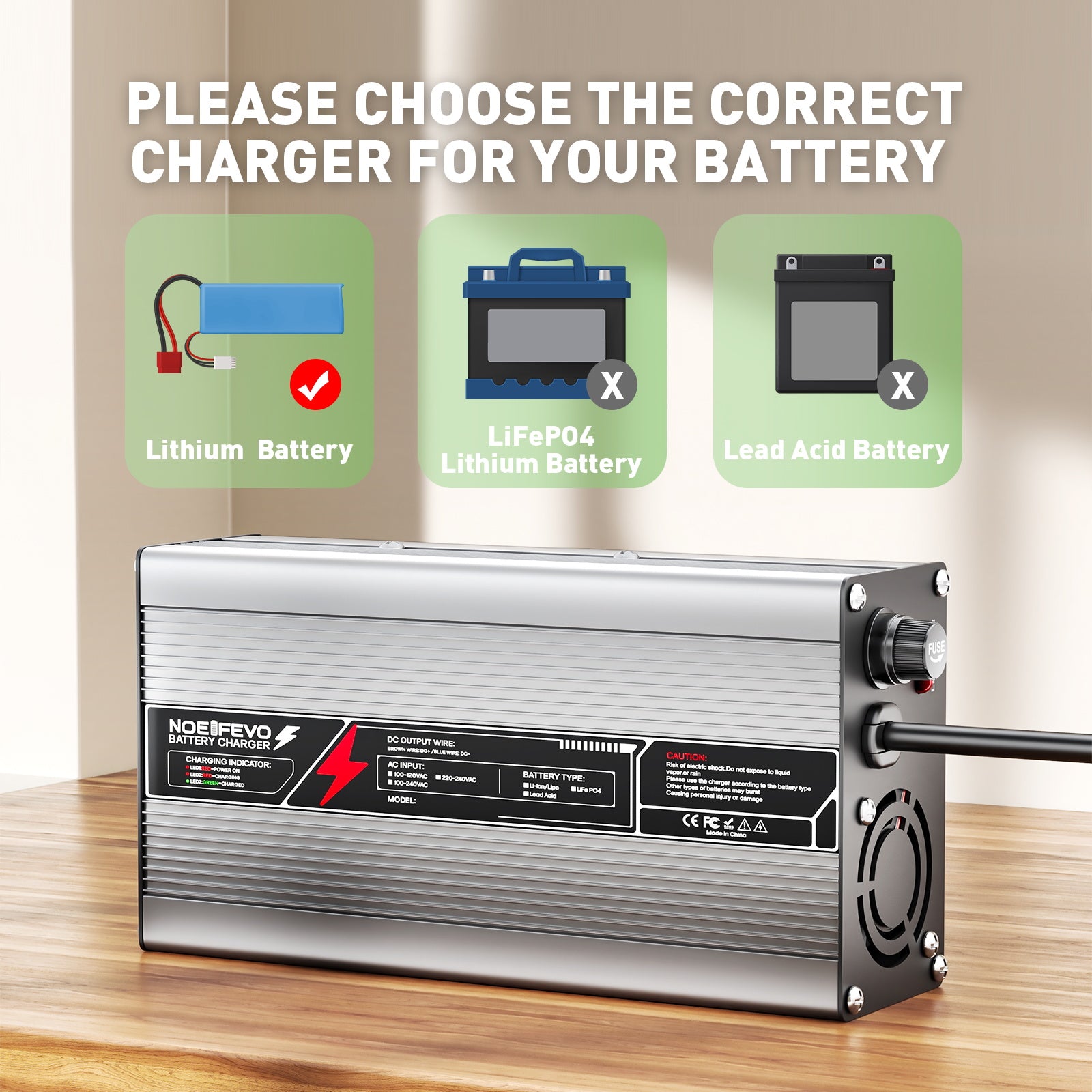 NOEIFEVO 58,8V 8A Lithium-Batterieladegerät für 51,8V(48V) 14S-Batterie, automatische Abschaltung, Aluminiumgehäuse, mit Lüfter (Silber)