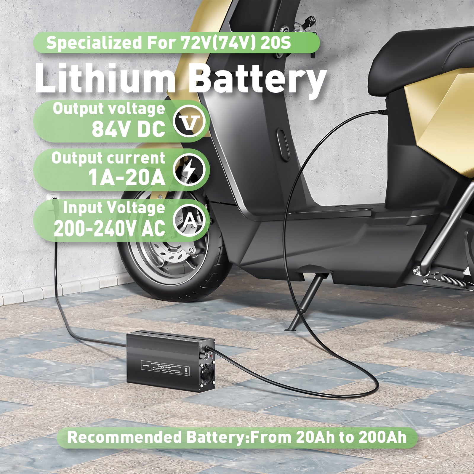 NOEIFEVO 84V 20A Lithium-batterilader til 74V 20S Lithium-Li-Ion-Lipo-batteri, LCD-skærm, justerbar strøm, lader til E-bike, scooter, elektrisk motorcykel