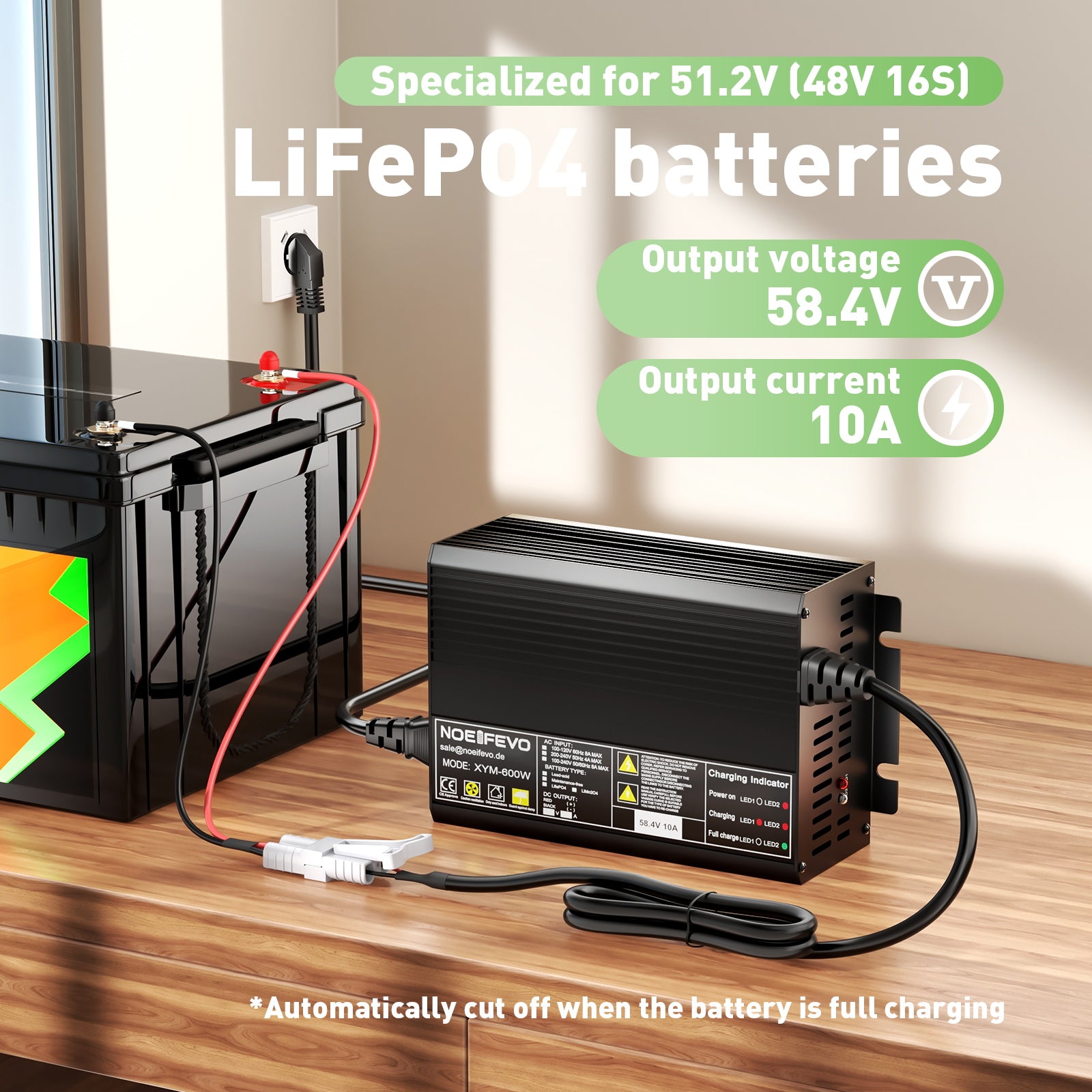 NOEIFEVO 58.4V 10A LiFePO4 de batería Cargador  para 51.2V(48V) 16S LiFePO4 Batería