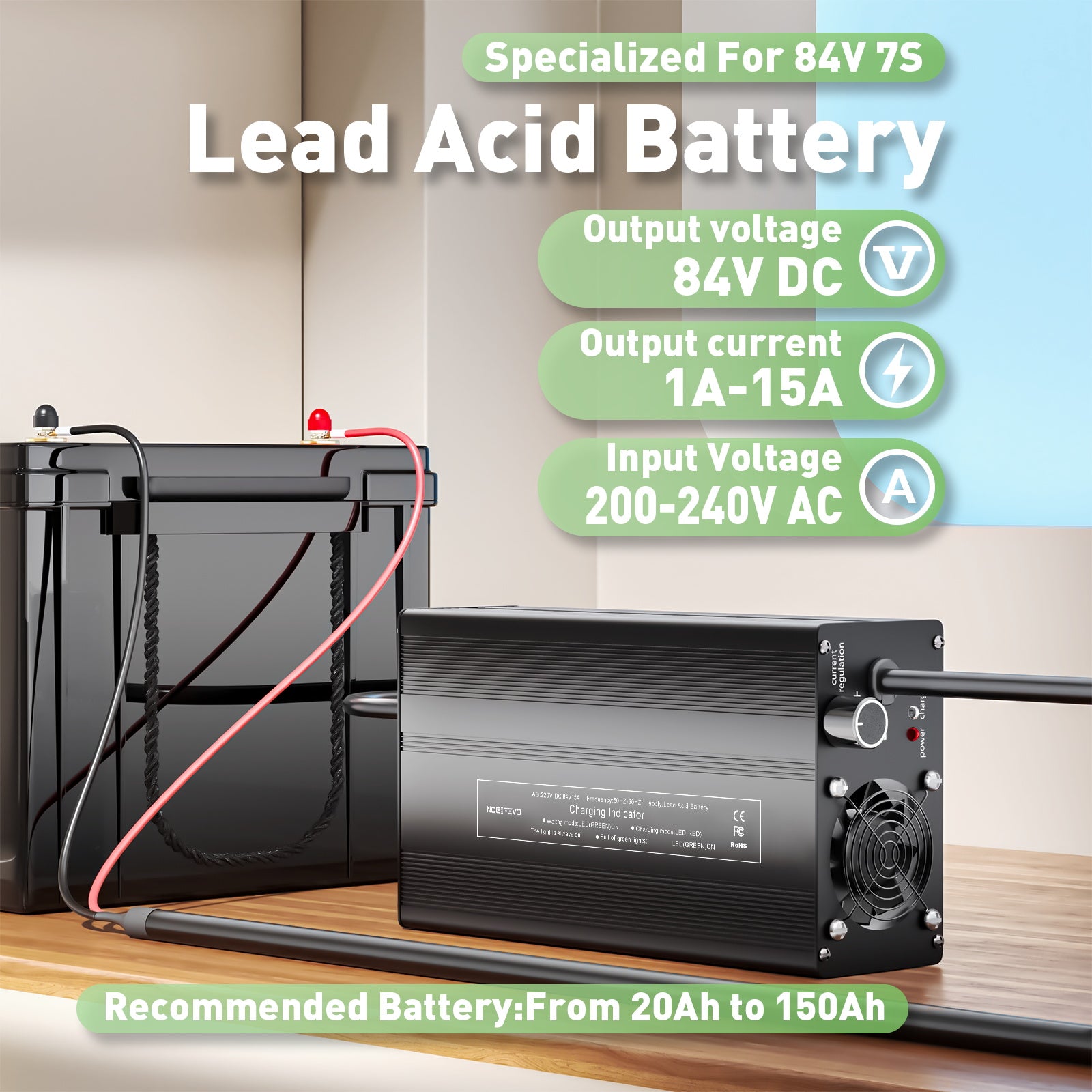 NOEIFEVO 84V 15A  Blei-Säure-Batterien -Batterieladegerät, geeignet für 84V 7S  Blei-Säure-Batterien, LCD-Display, einstellbarer Strom