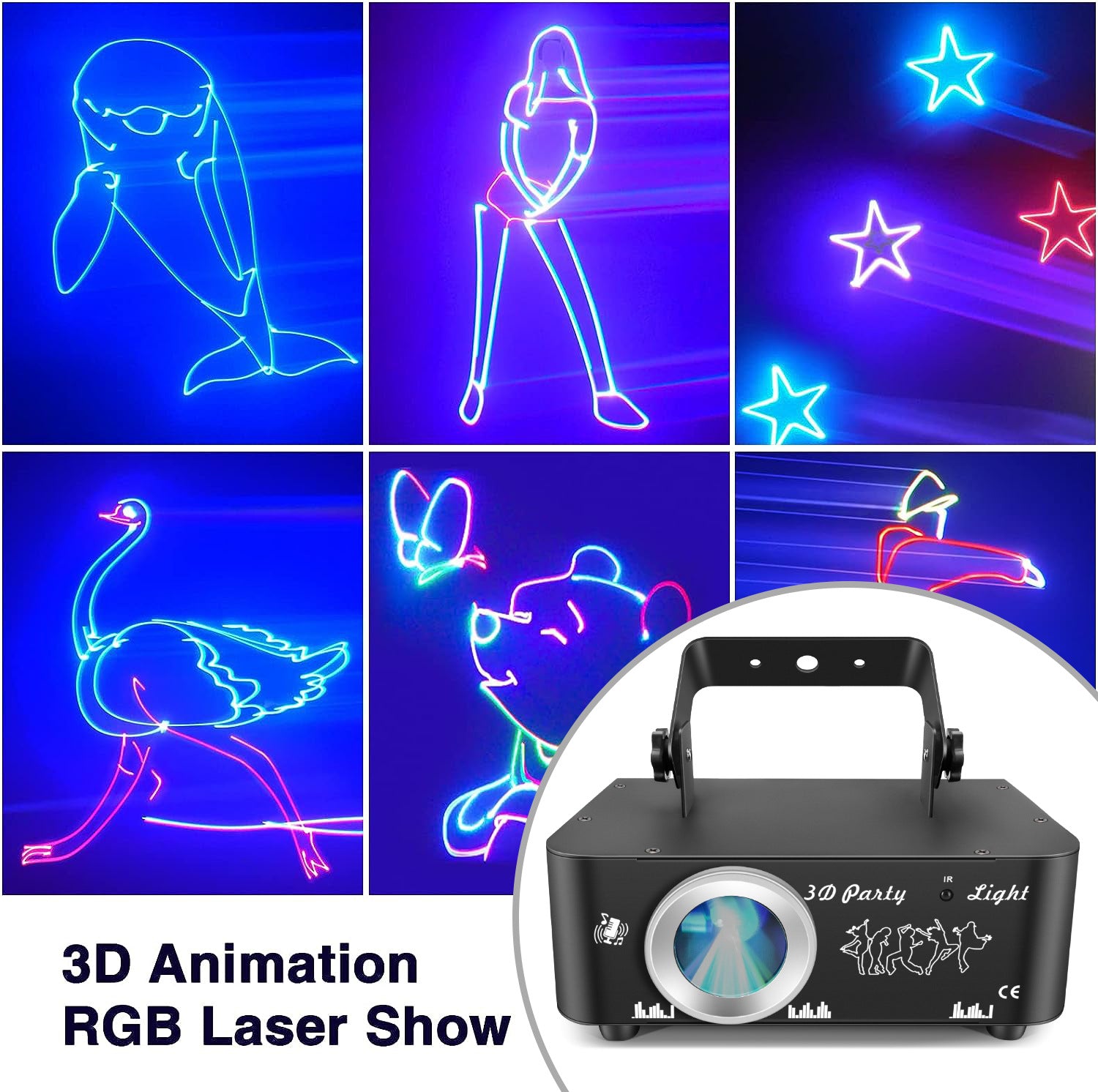 DJ Discolicht Partylicht, 3D RGB Animation Disco Licht mit Fernbedienung, Party Lichter mit DMX, Musik Sound Activated Beam Effekt Bühnenlicht für Party Festival Club Bühne Beleuchtung Show