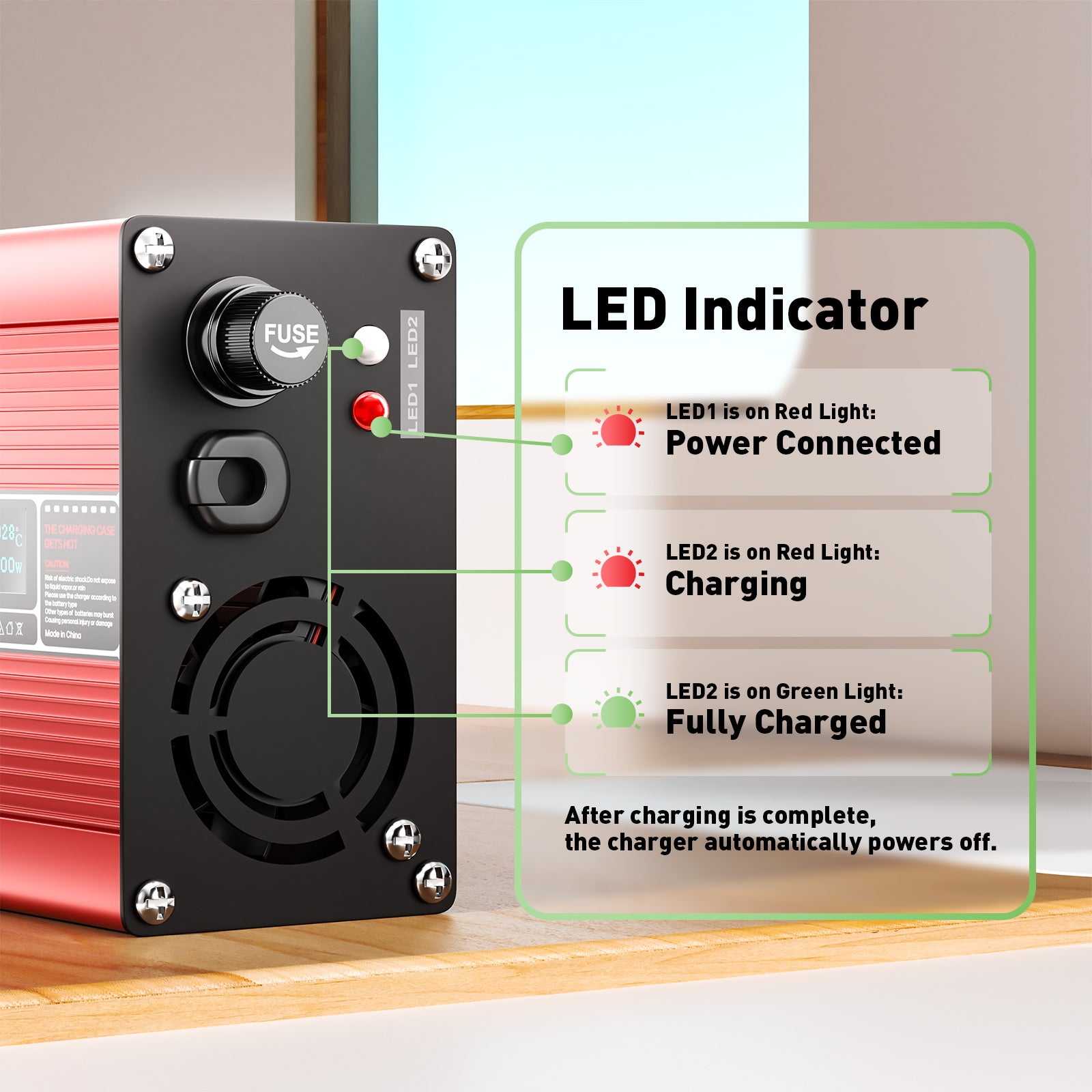 NOEIFEVO 46.2V 4A litium-laturille 11S 40.7V Li-Ion Lipo-akuille, jäähdytysfani, automaattinen sammutus (RED).