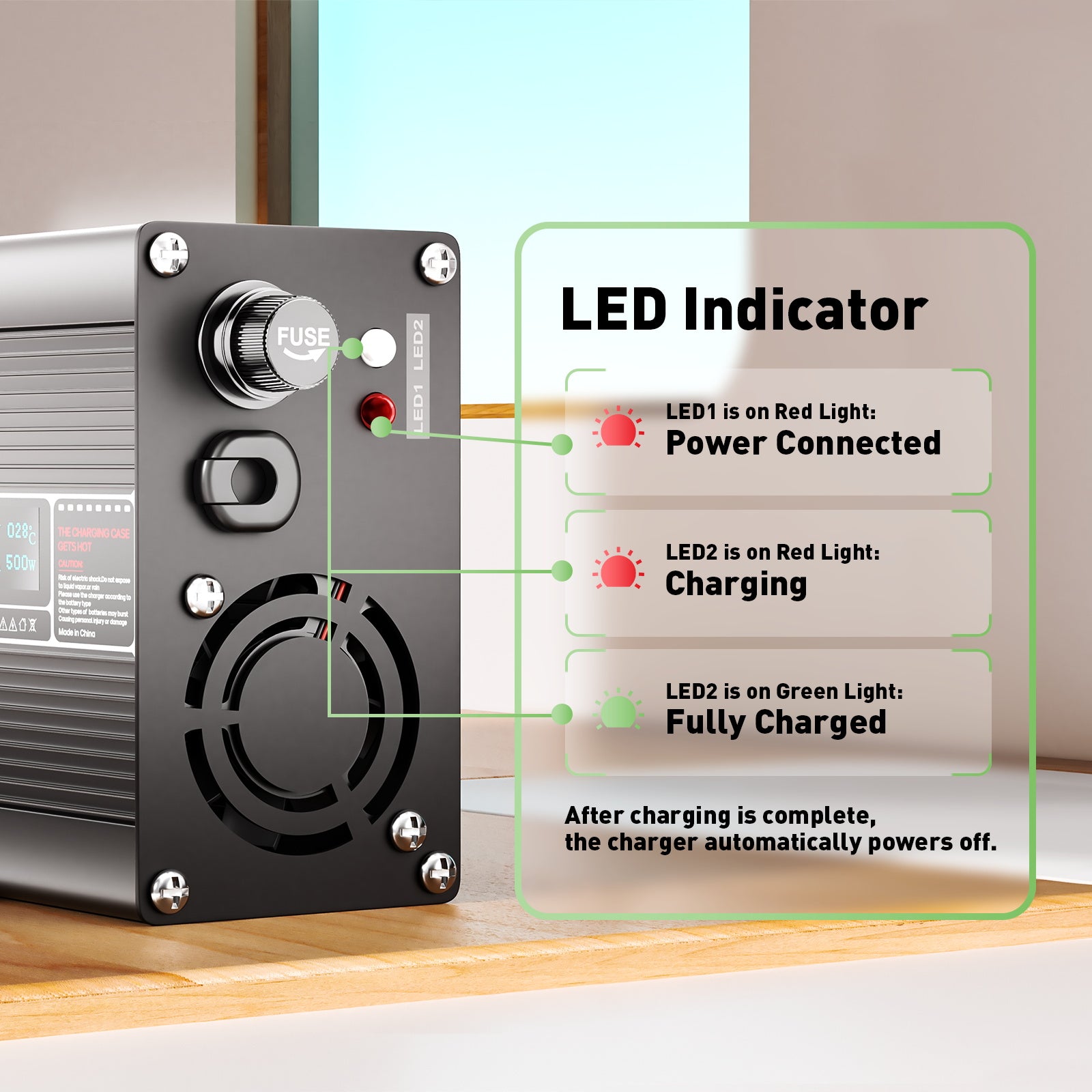 NOEIFEVO 58.8V 8A Lithium-oplader voor 14S 51.8V batterij, LED-display, aluminium behuizing, ventilator