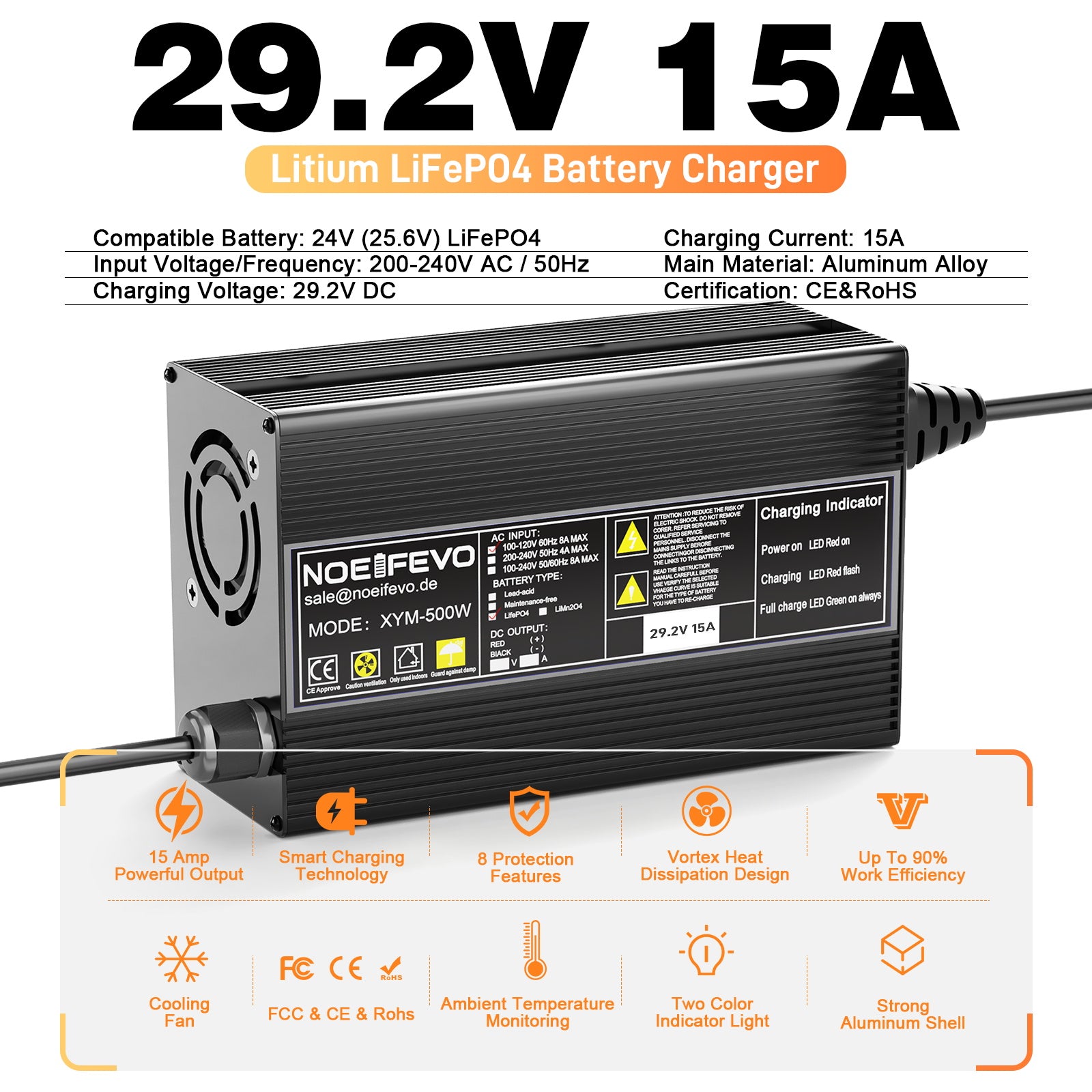 Noeifevo 29,2 V 15 A LiFePO4  batería de Cargador para batería de litio de 24 V 25,6 V, activación BMS de 0 V, apagado automático con protección total