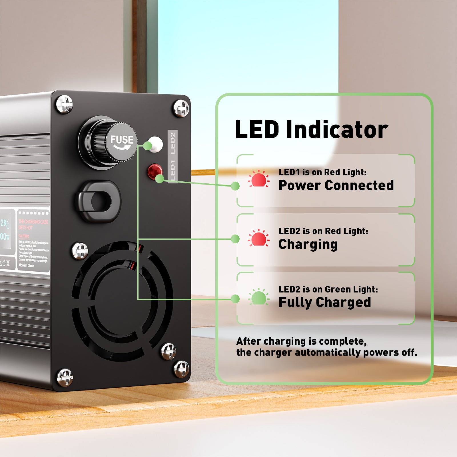 NOEIFEVO 36.5V 4A מטען סוללות LiFePO4 עבור סוללת LiFePO4 10S 32V, מאוורר קירור, כיבוי אוטומטי (שחור)