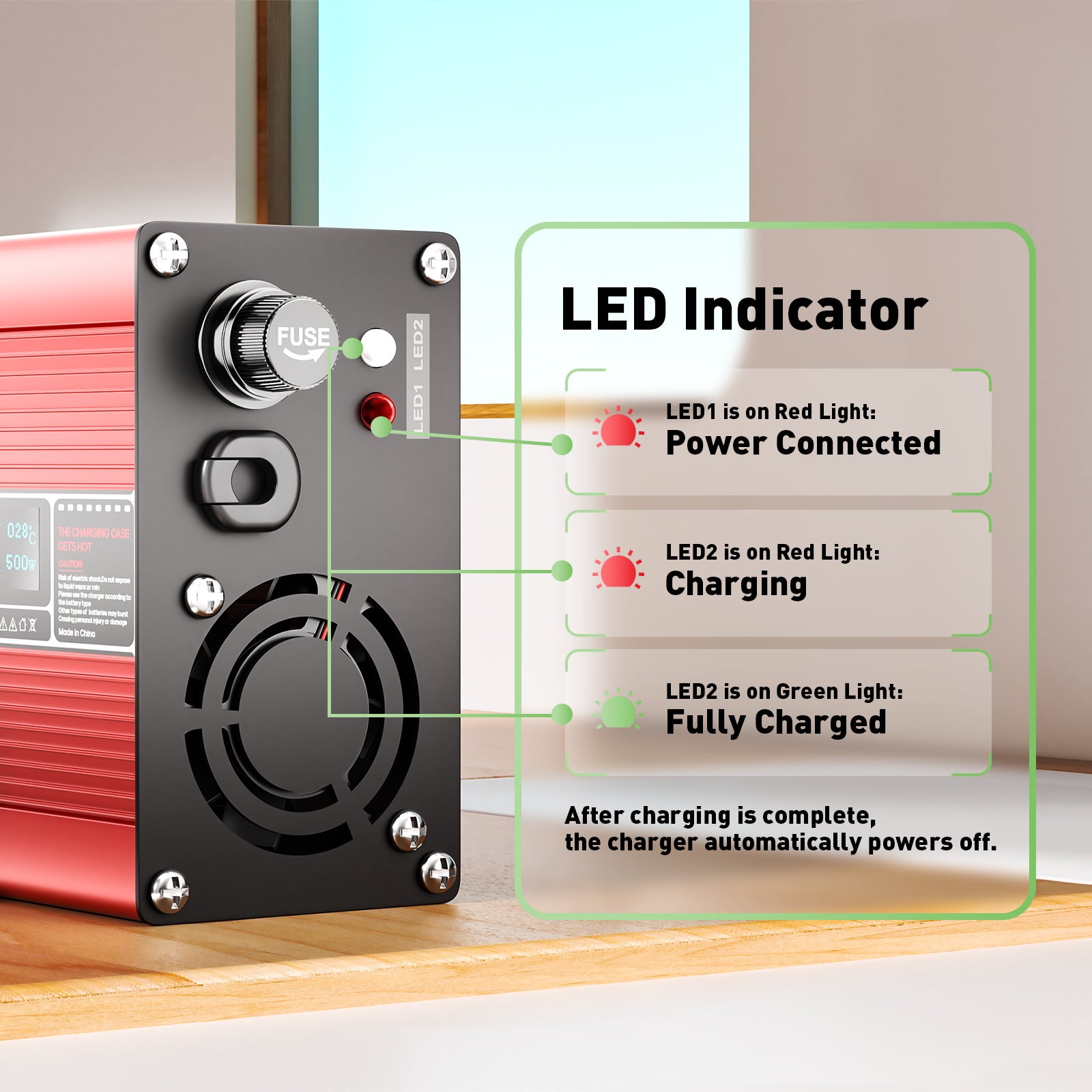 NOEIFEVO 60V 6A Bly-syrabatteriladdare, Laddspänning 69V-73,5V, automatisk avstängning, OLED-display, aluminiumhus, med fläkt