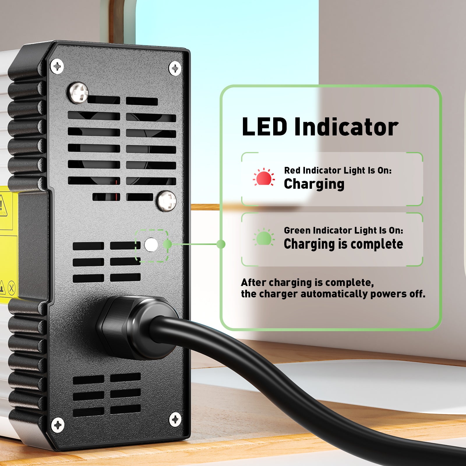 NOEIFEVO 50.4V 8A Lithium nabíječka baterií pro 12S 44.4V lithium baterii, s chladicím ventilátorem, automatické vypnutí.