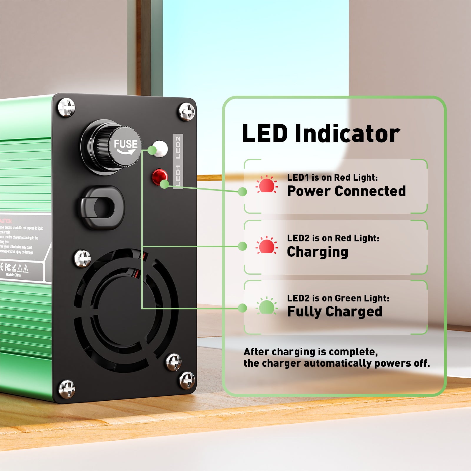 NOEIFEVO 55.2V-58.8V 3A Caricabatterie per batterie al piombo da 48V, con ventola di raffreddamento, spegnimento automatico (VERDE)