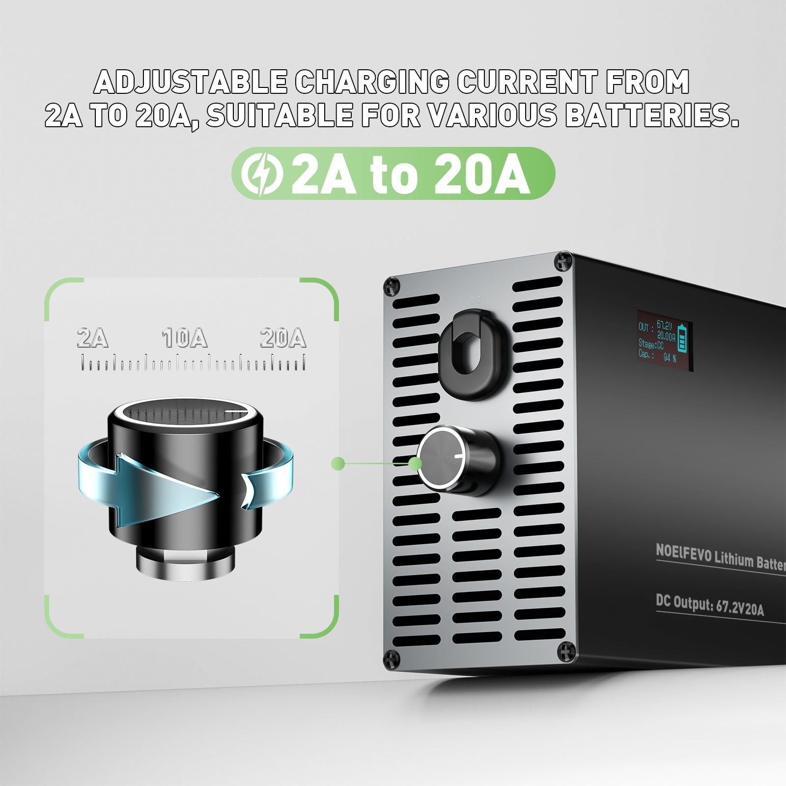 NOEIFEVO 67,2V 2-20A Lithium-Batterijlader voor 59.2V 60V 16S Lithium-Li-Ion-Lipo-batterij, LCD-display, instelbare stroom, lader voor E-bike, scooter, elektromotorfiets