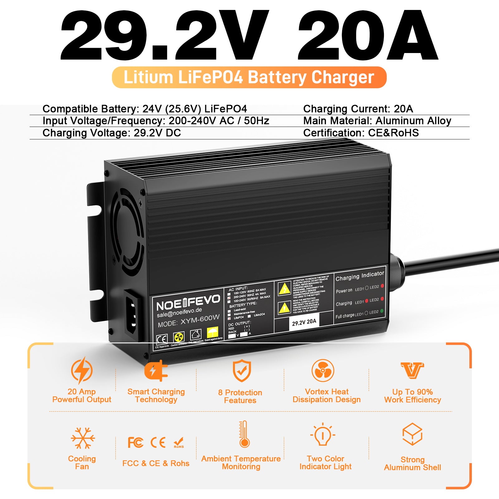 Noeifevo 29.2V 20A LiFePO4 batterijlader voor 24V 25.6V lithium-ionbatterij, 0V BMS-activering, automatische uitschakeling met volledige bescherming
