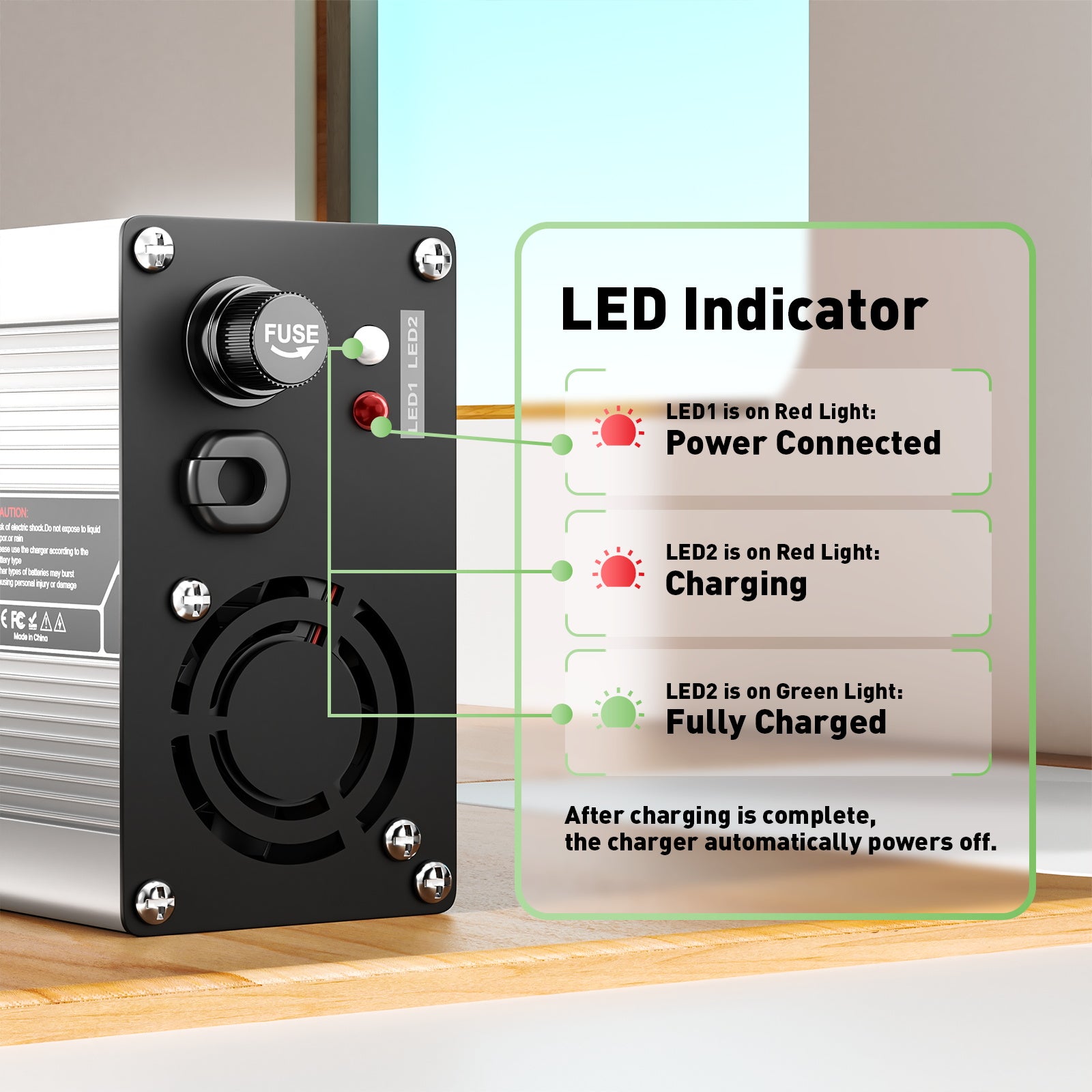 NOEIFEVO 29.4V  2A 3A 4A 5A Lithium-oplader til 7S 25.9V Li-Ion Lipo-batterier, med køleventilator og automatisk slukning.