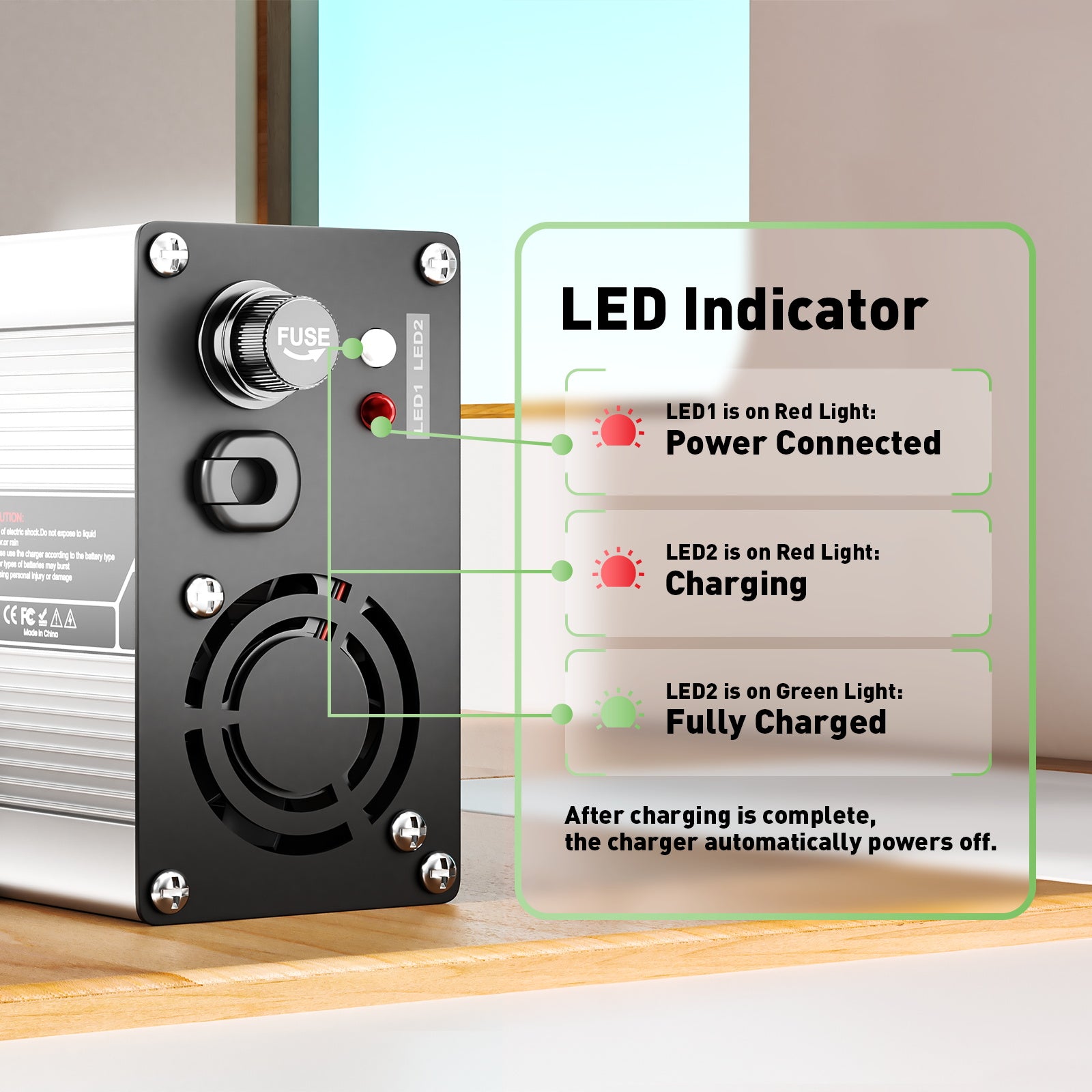 NOEIFEVO 29,2V 15A LiFePO4 Batterieladegerät für 24V（25,6V) 4S Batterie, automatische Abschaltung, Aluminiumgehäuse, mit Lüfter (Silber)