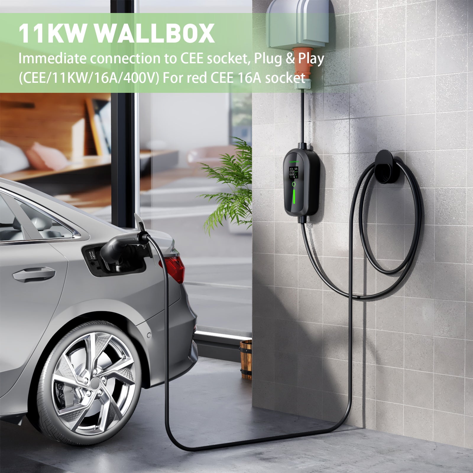 NOEIFEVO F097 11KW Mobilná EV Wallbox s aplikáciou, 3-fázová 6-16A s nastaviteľným nabíjacím výkonom, Wi-Fi diaľkové ovládanie, CEE 16A na Type 2 EV nabíjací kábel