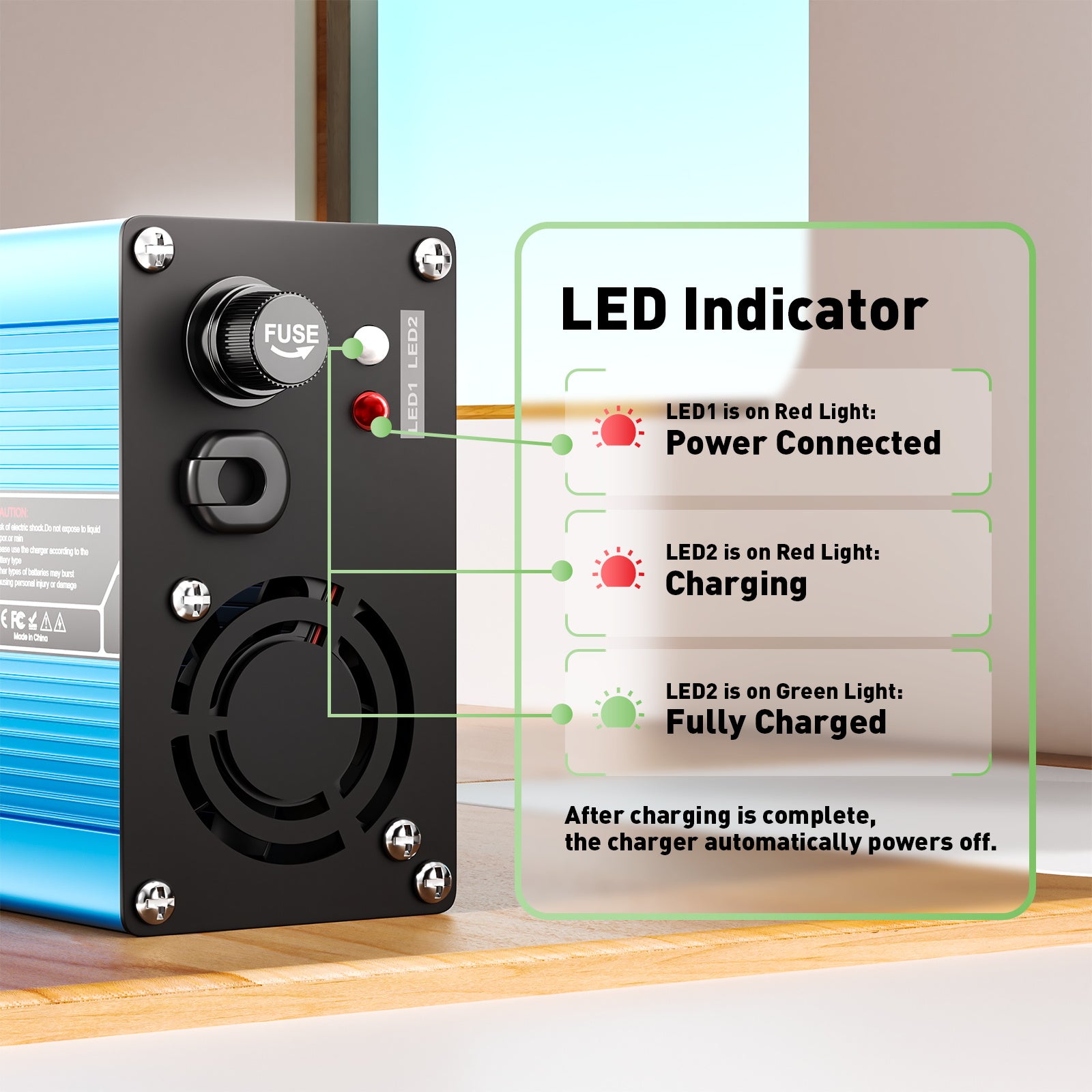 NOEIFEVO 58.8V 3A Cargador de batería de litio para baterías 14S 51.8V Li-Ion Lipo, ventilador de refrigeración, apagado automático (AZUL)