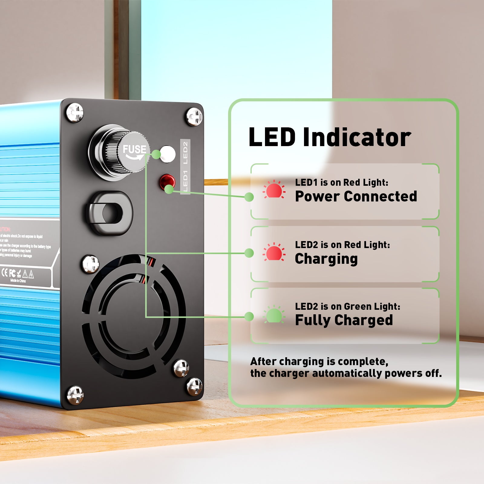 NOEIFEVO 12V 20A nabíjačka na olovené akumulátory, nabíjacie napätie 13,8V-14,7V, automatické vypnutie, hliníkový kryt, s ventilátorom (modrá)