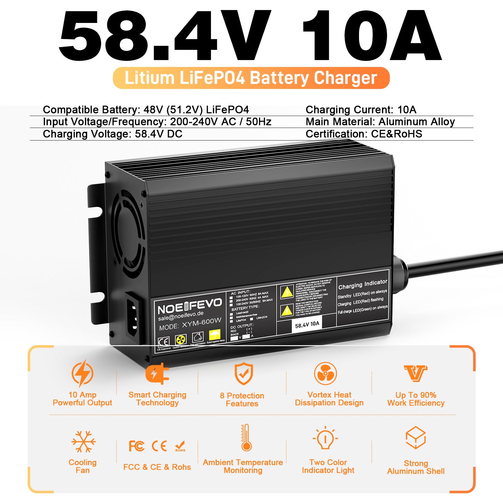 NOEIFEVO 58.4V 10A LiFePO4 batterioplader til 51.2V(48V) 16S lithiumbatteri til golfvogne, autocampere og elektriske fiskemotorer