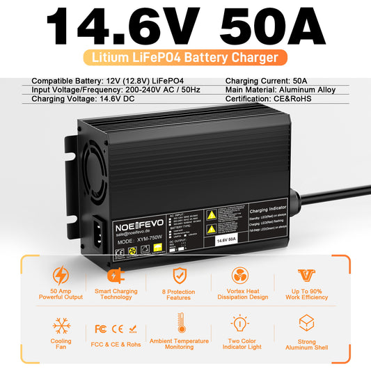 Noeifevo 14.6V 50A Snelle Lithium LiFePO4 Batterijlader voor 12V (12.8V) LiFePO4 Batterij, 0V BMS Activering, Automatische Uitschakeling met Volledige Bescherming