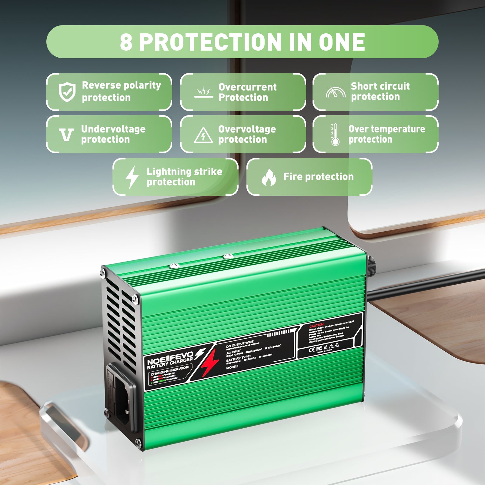 NOEIFEVO 42V 4A Lithium-Ladegerät für 10S 37V Li-Ion Lipo-Batterien, Kühlventilator, automatischer Abschaltung(GREEN)