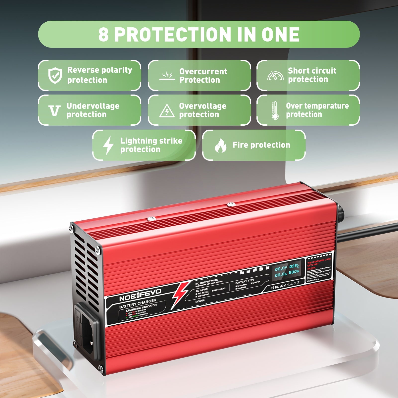 NOEIFEVO 60V 6A Blei-Säure-Batterieladegerät, Ladespannung 69V-73.5V, automatische Abschaltung, OLED-Display, Aluminiumgehäuse, mit Lüfter